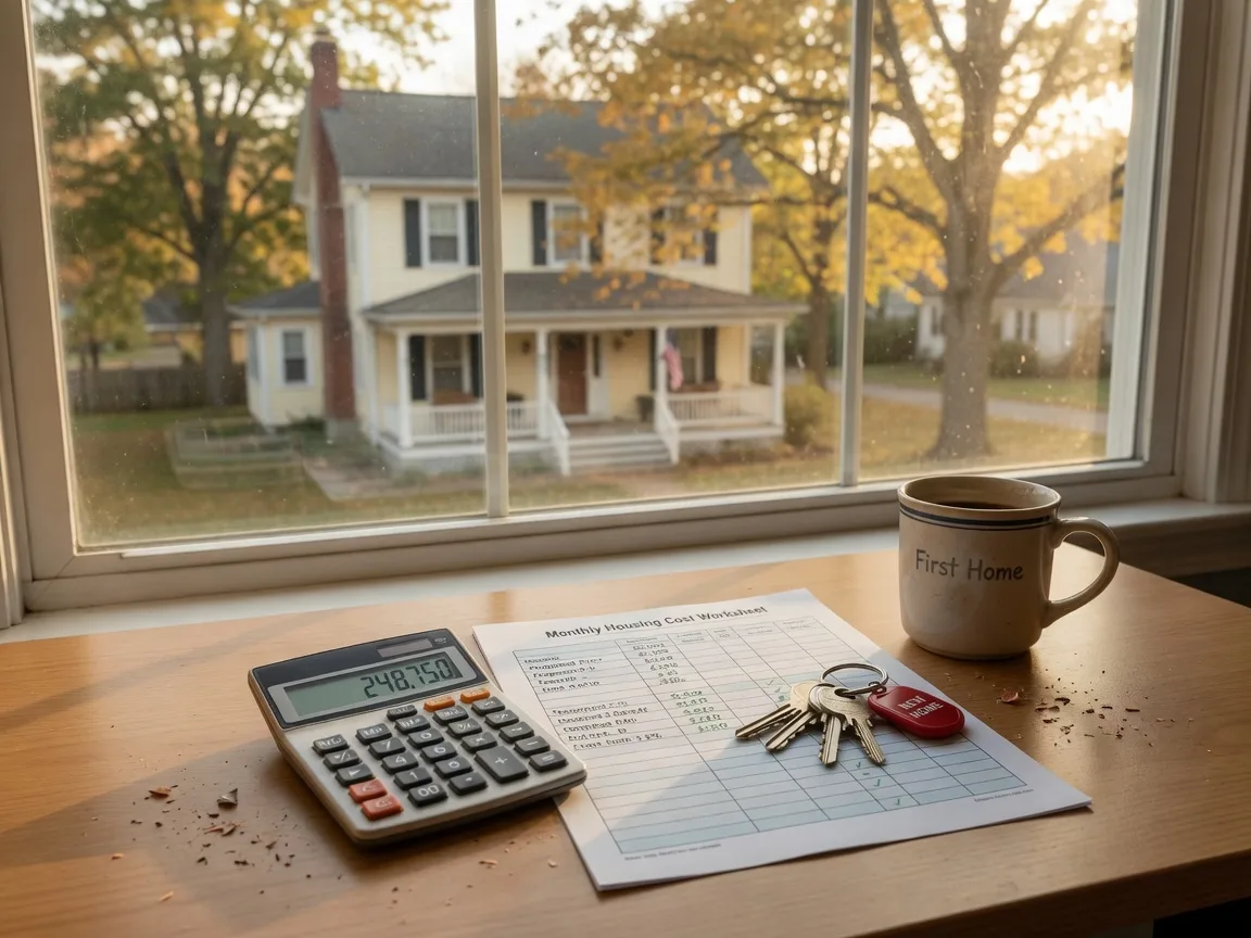 A warm desk scene with a calculator, a printed mortgage affordability worksheet, house keys, and a coffee mug in golden-hour light, with a two-story Mid-Michigan home visible through the window