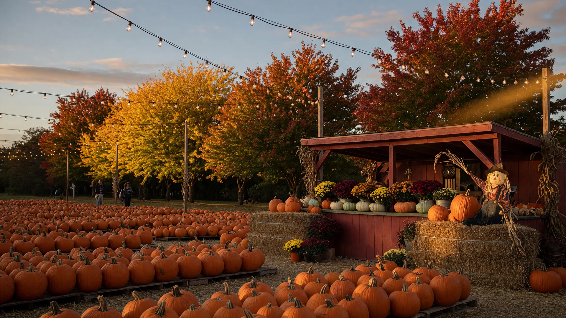 A fall festival pumpkin patch with hay bales, string lights, and golden October light in Delran