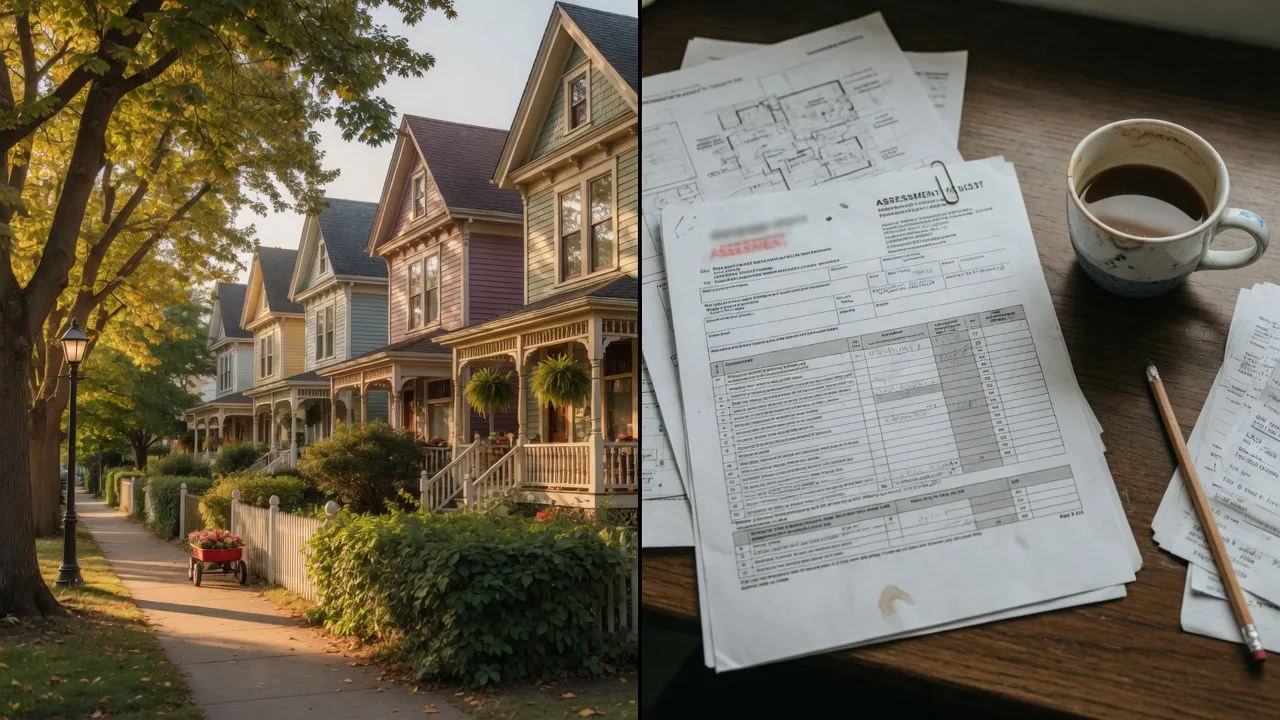 Split comparison of Haddonfield NJ showing historic Victorian homes on a tree-lined street contrasting with financial planning documents