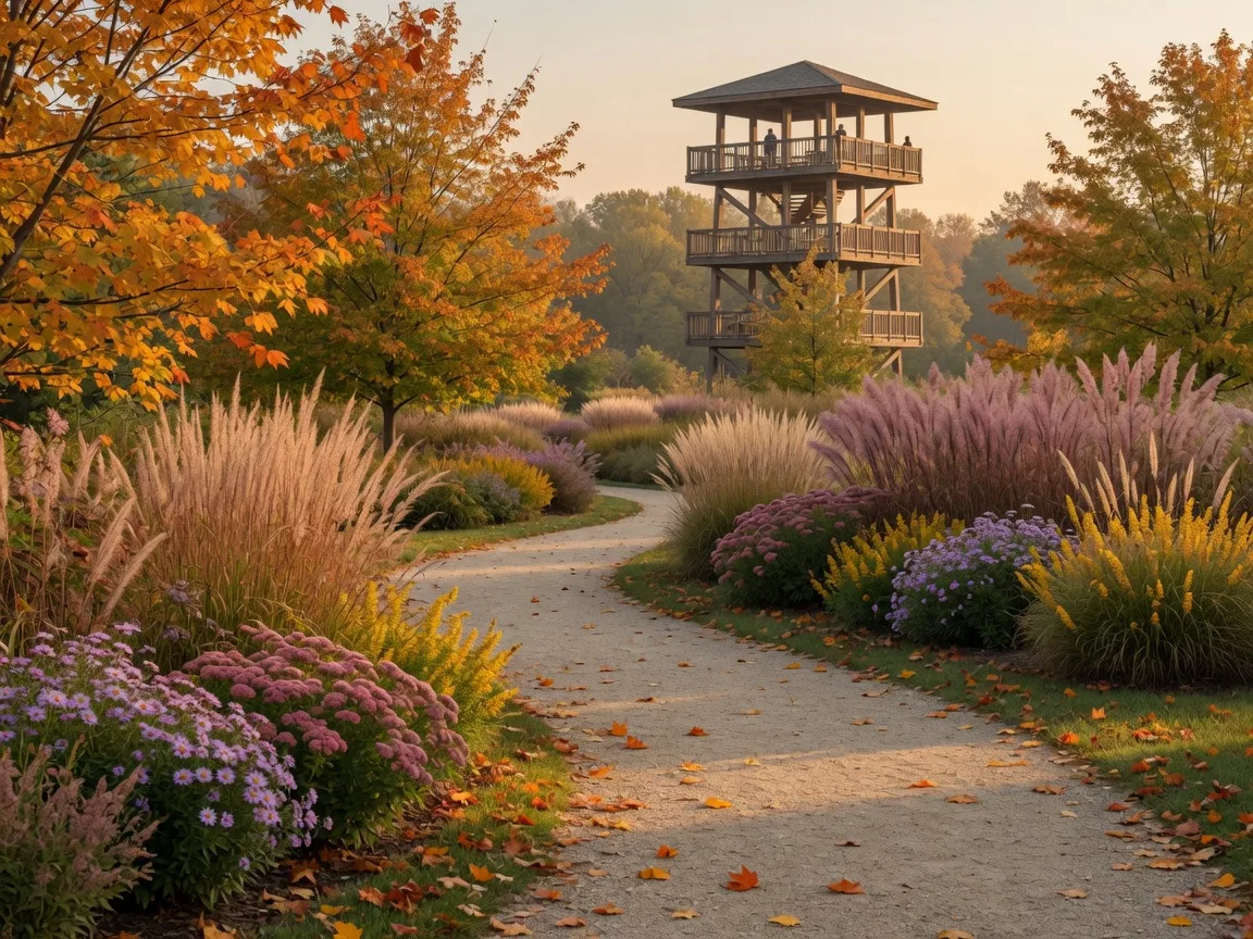 Cox Arboretum MetroPark near Centerville Ohio on a crisp early-autumn afternoon, a winding garden path through ornamental grasses and late-blooming flowers leading to a wooden observation tower rising above the treetops with maples turning orange and gold