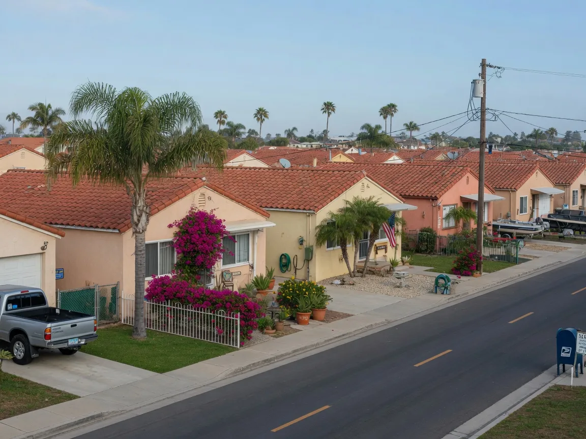 Quiet single-family residential street in Imperial Beach with stucco homes, red tile roofs, and palm trees, typical of ZIP 91932