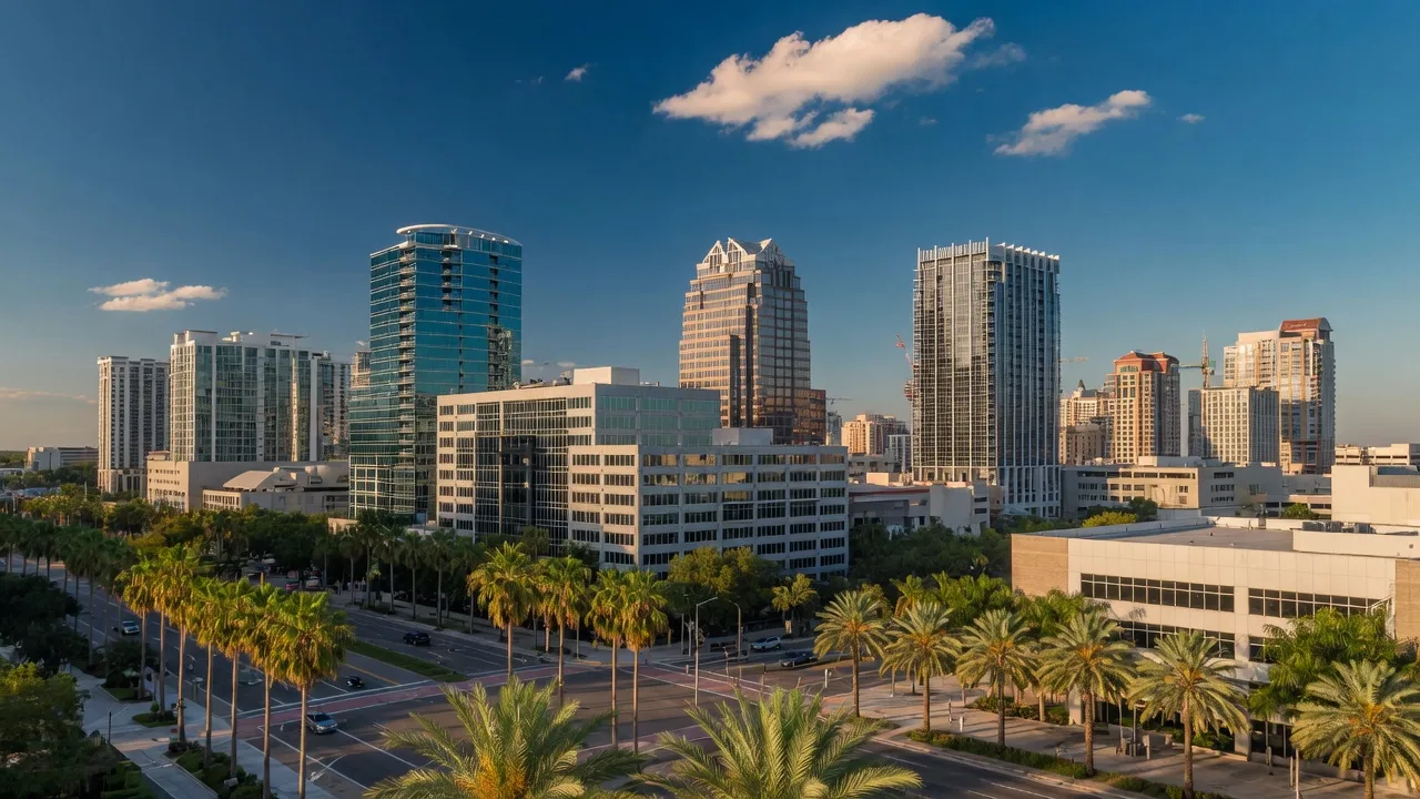 Orlando Florida skyline with modern buildings and palm trees