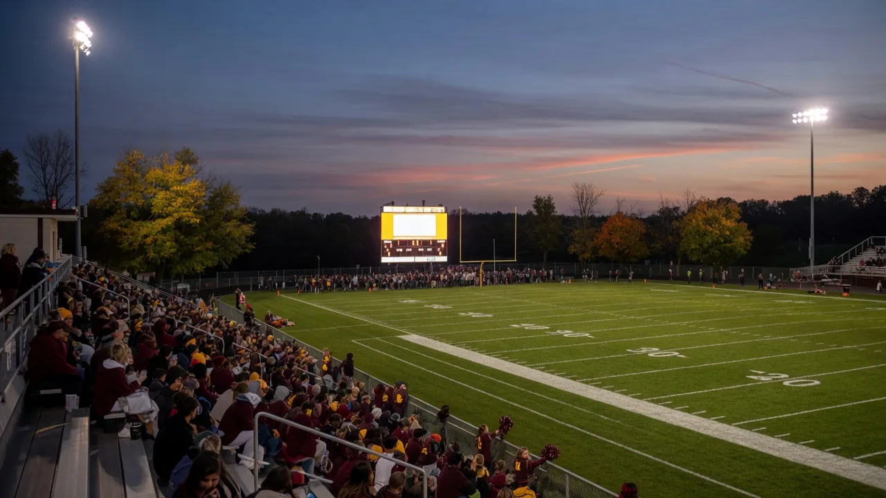A high school football field under floodlights on a September evening with the home stands filling