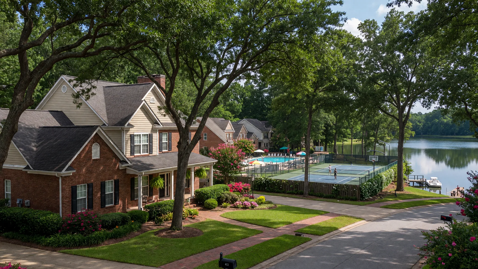 An established single-family home on a tree-lined street in the Old Orchard neighborhood of Fort Mill, South Carolina