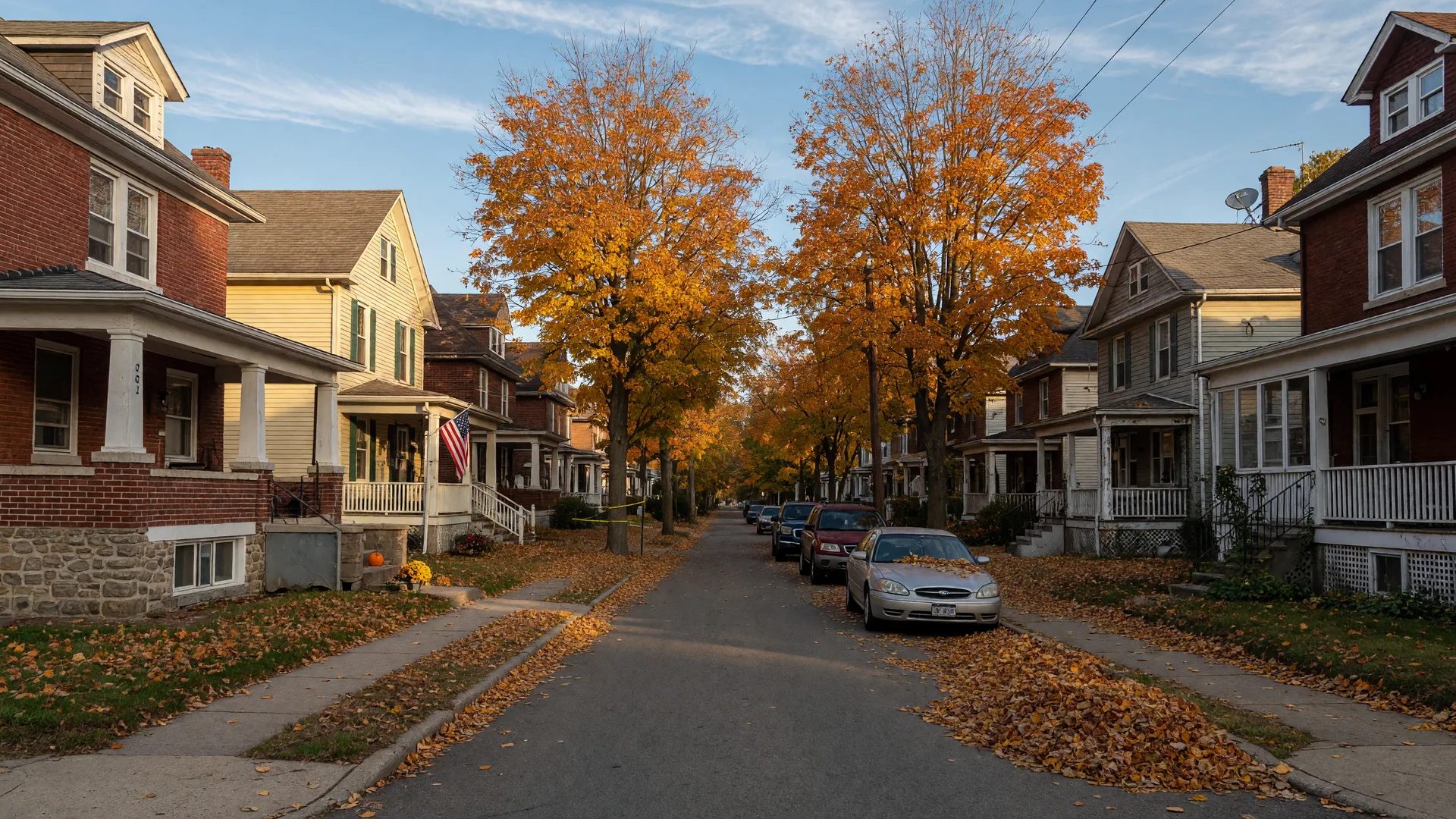 A classic Northeast Ohio residential street in early autumn with older brick and siding homes, covered porches, and maple trees turning orange and gold