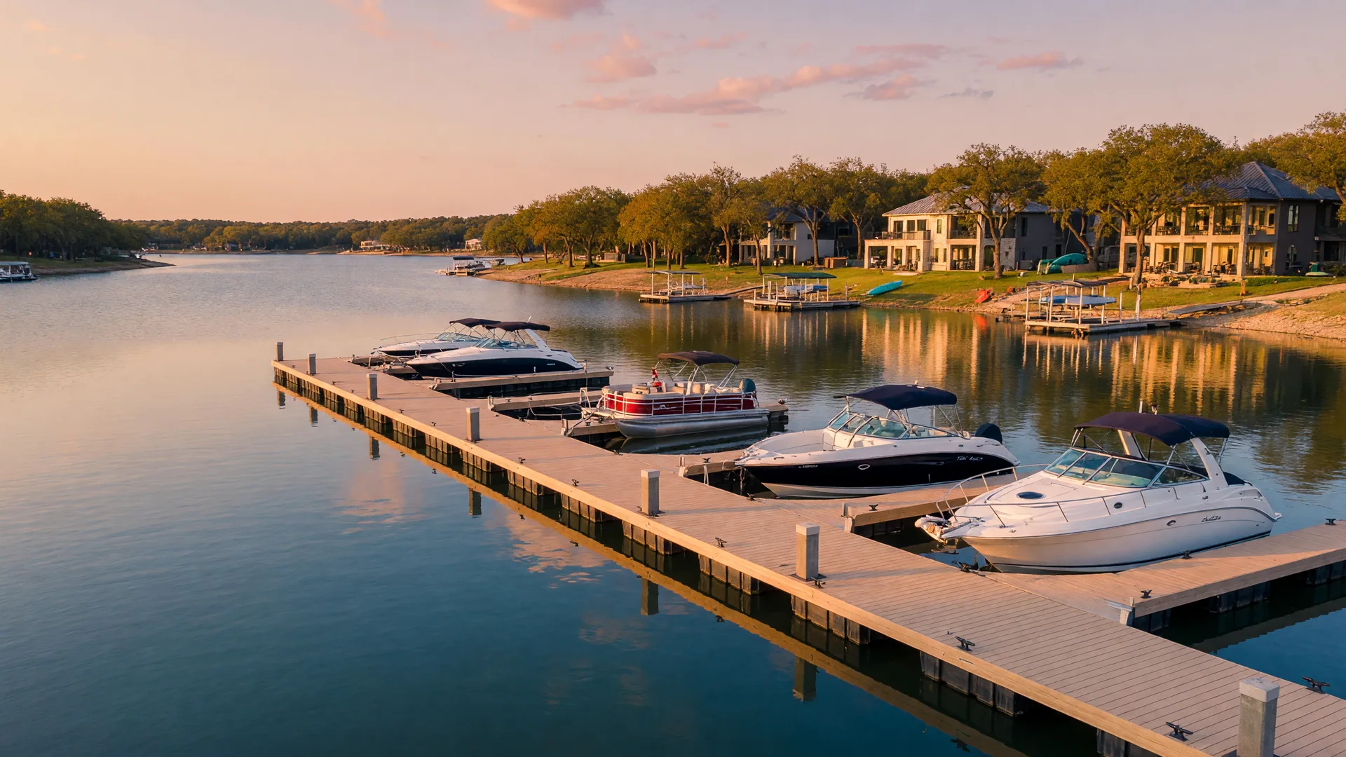 A new marina on Lake Lewisville at golden hour with boats, docks, and the distant shoreline