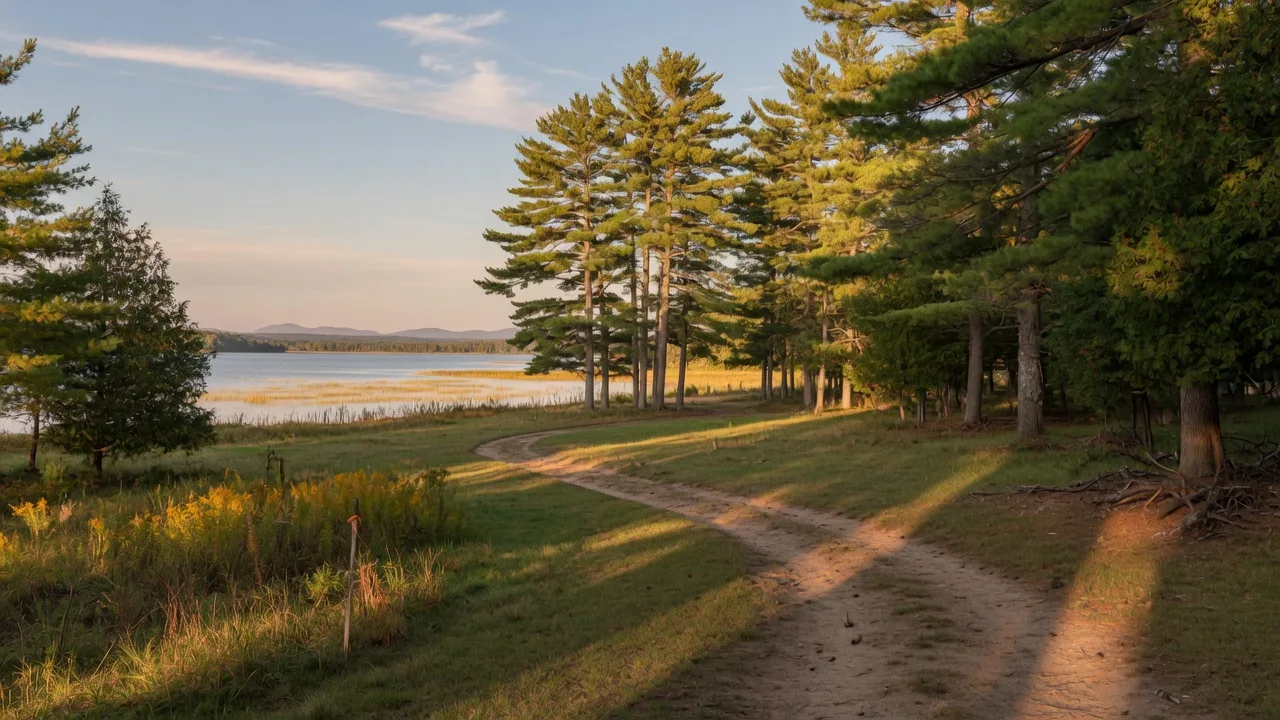 A quiet dirt path winding through white pines and cedar toward a glinting inland lake in the Lapeer State Game Area at golden hour