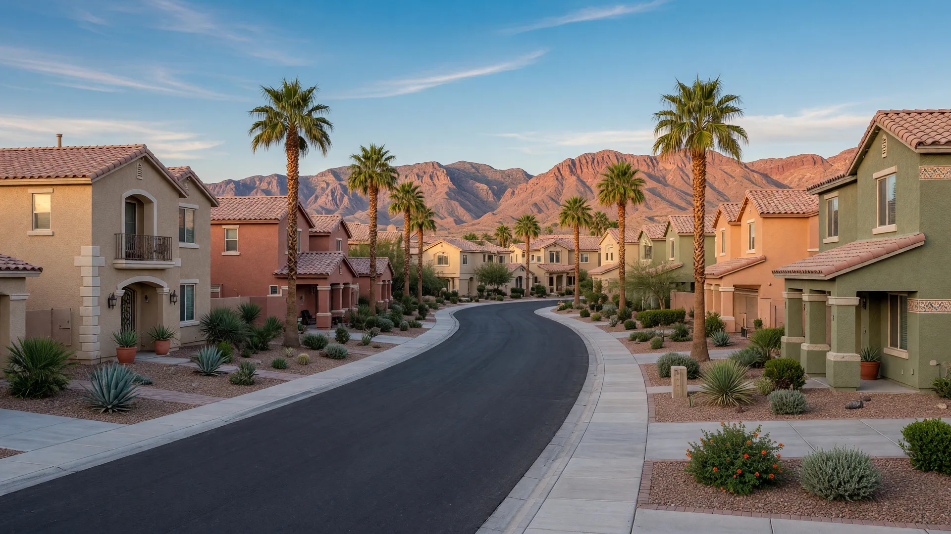 A quiet residential street in an upscale southwest Las Vegas neighborhood with desert landscaping and distant mountains on the horizon
