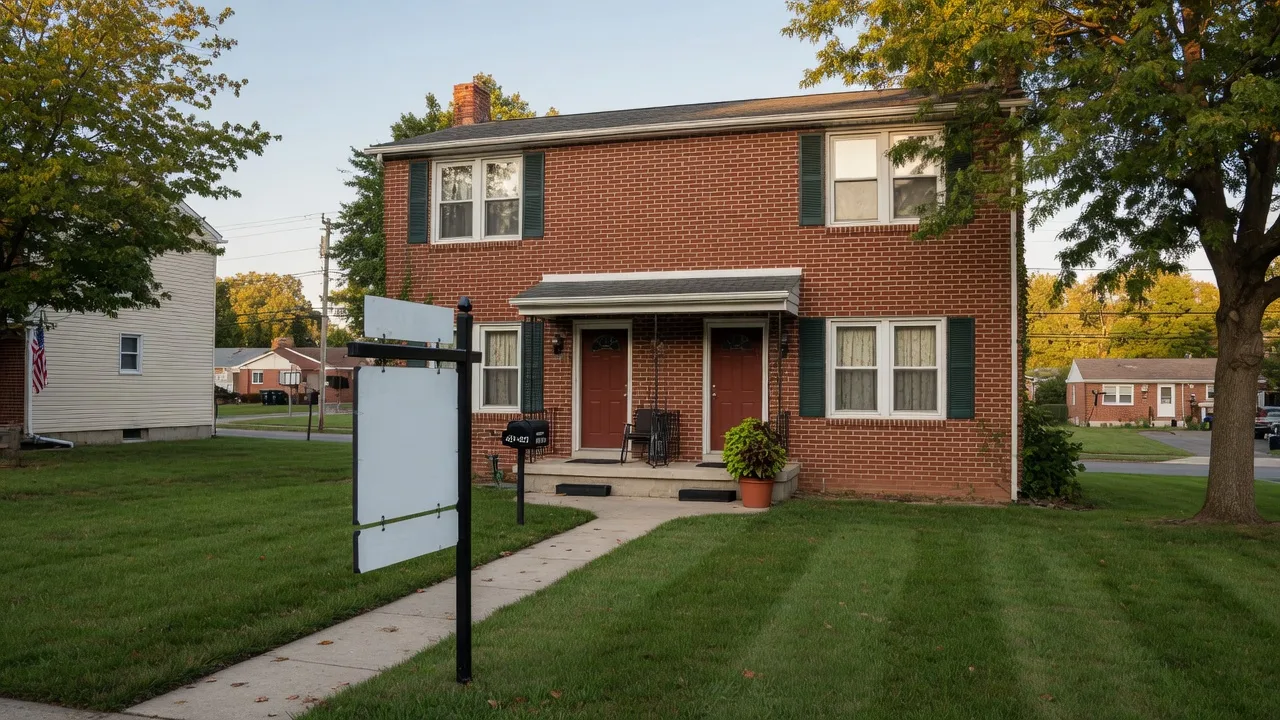 A well-maintained brick duplex rental property in a suburban Maryland neighborhood with a For Sale sign near the walkway, representing an estate property with existing tenants