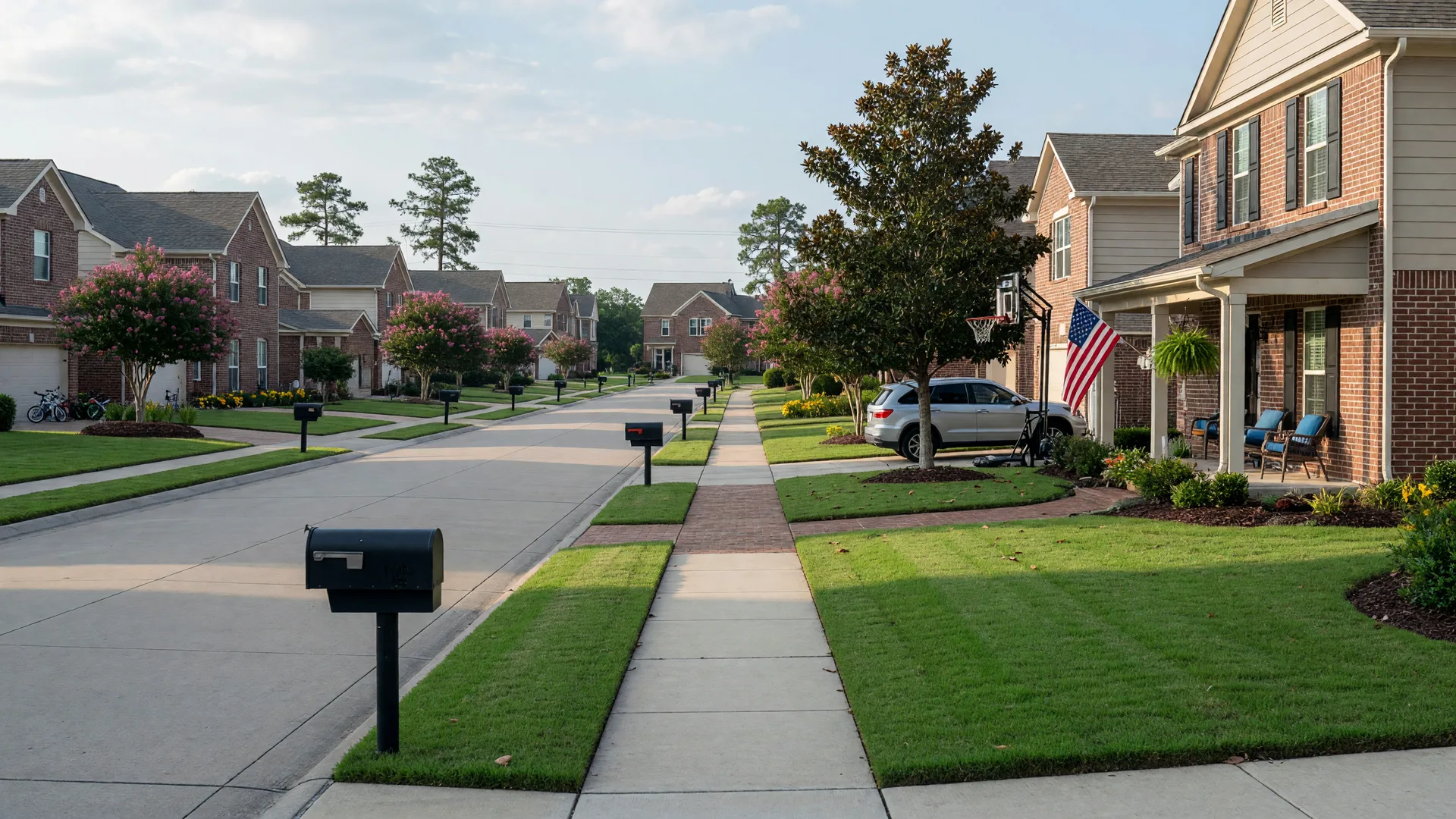 An illustrative view of a tidy suburban Texas neighborhood street with neat brick homes in soft morning light