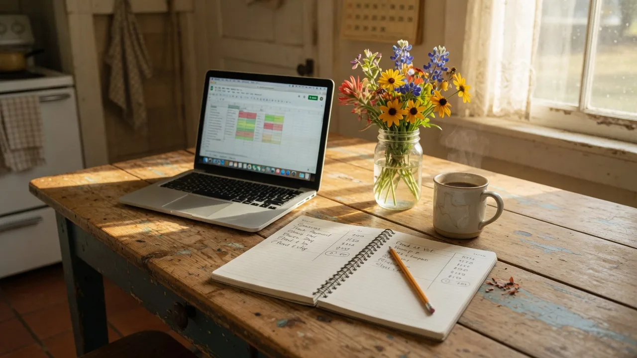 A laptop, handwritten budget worksheet, coffee mug, and wildflowers on a wooden farmhouse table in warm morning light
