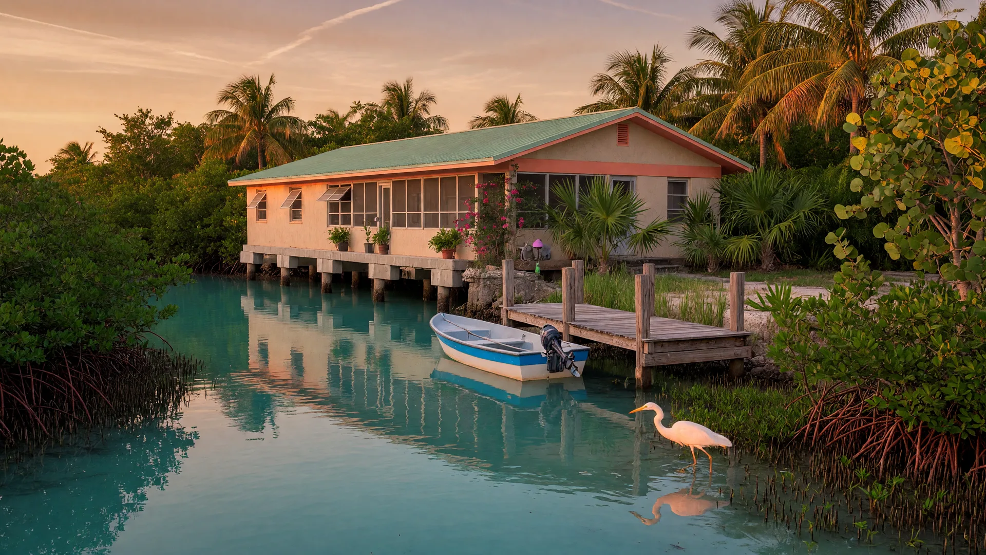 A quiet canal-front home on Big Pine Key in the Lower Florida Keys at golden hour, an elevated concrete home with a metal roof on a protected canal lined with mangroves, a private dock with a small skiff, and glassy turquoise water