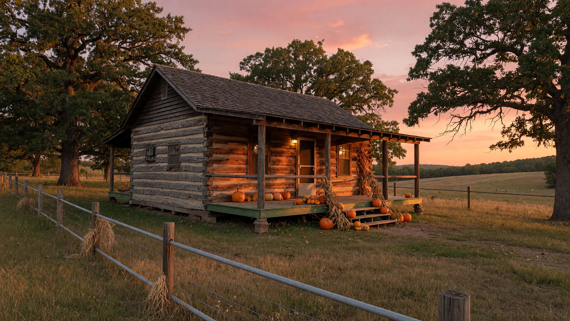 Golden late-September evening light on a log cabin with a wrap-around porch, pumpkins on the steps, and a pink sunset over Northeast Texas pasture