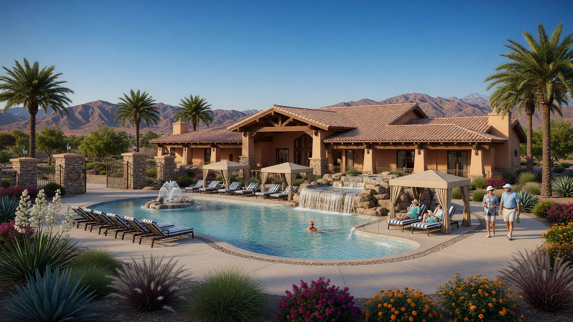 The golf-course and mountain foothill setting shared by the 55+ neighborhoods of North Las Vegas at golden hour