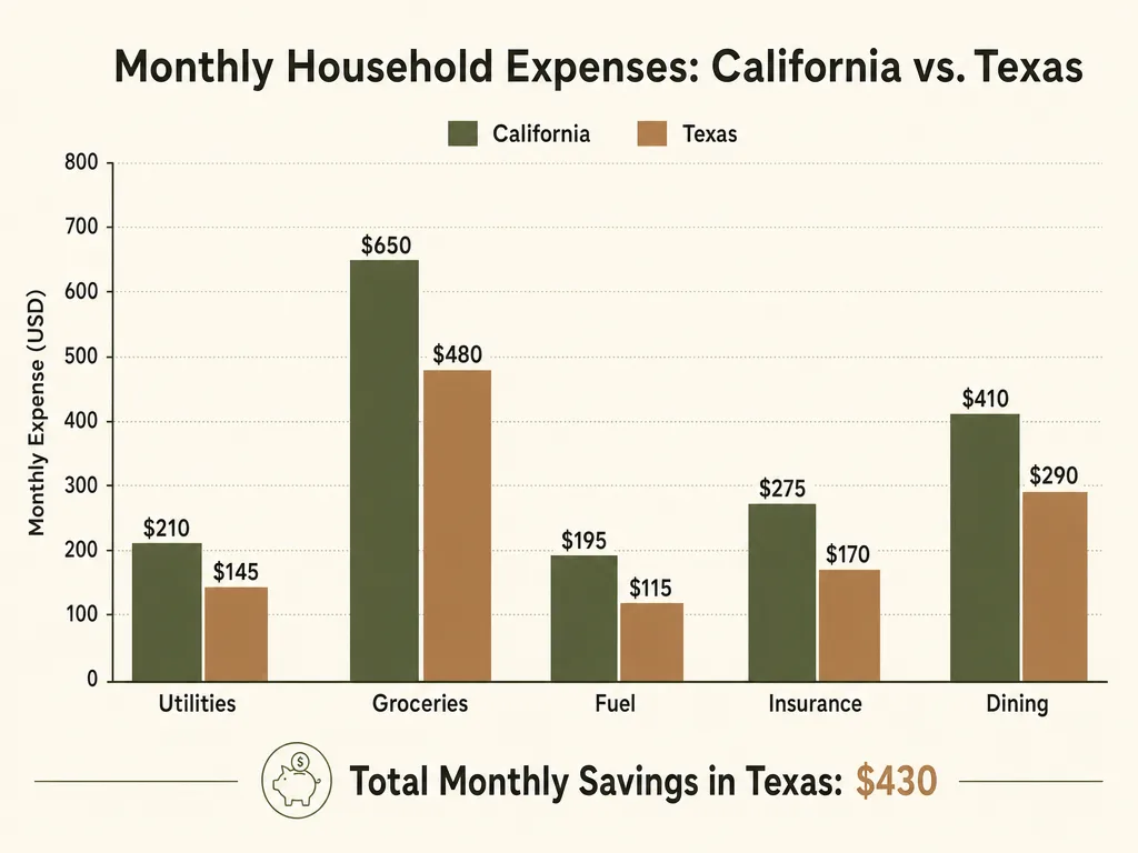 Bar chart comparison of monthly household expenses between California and Texas showing utilities, groceries, fuel, insurance, and dining costs with olive green and tan color scheme