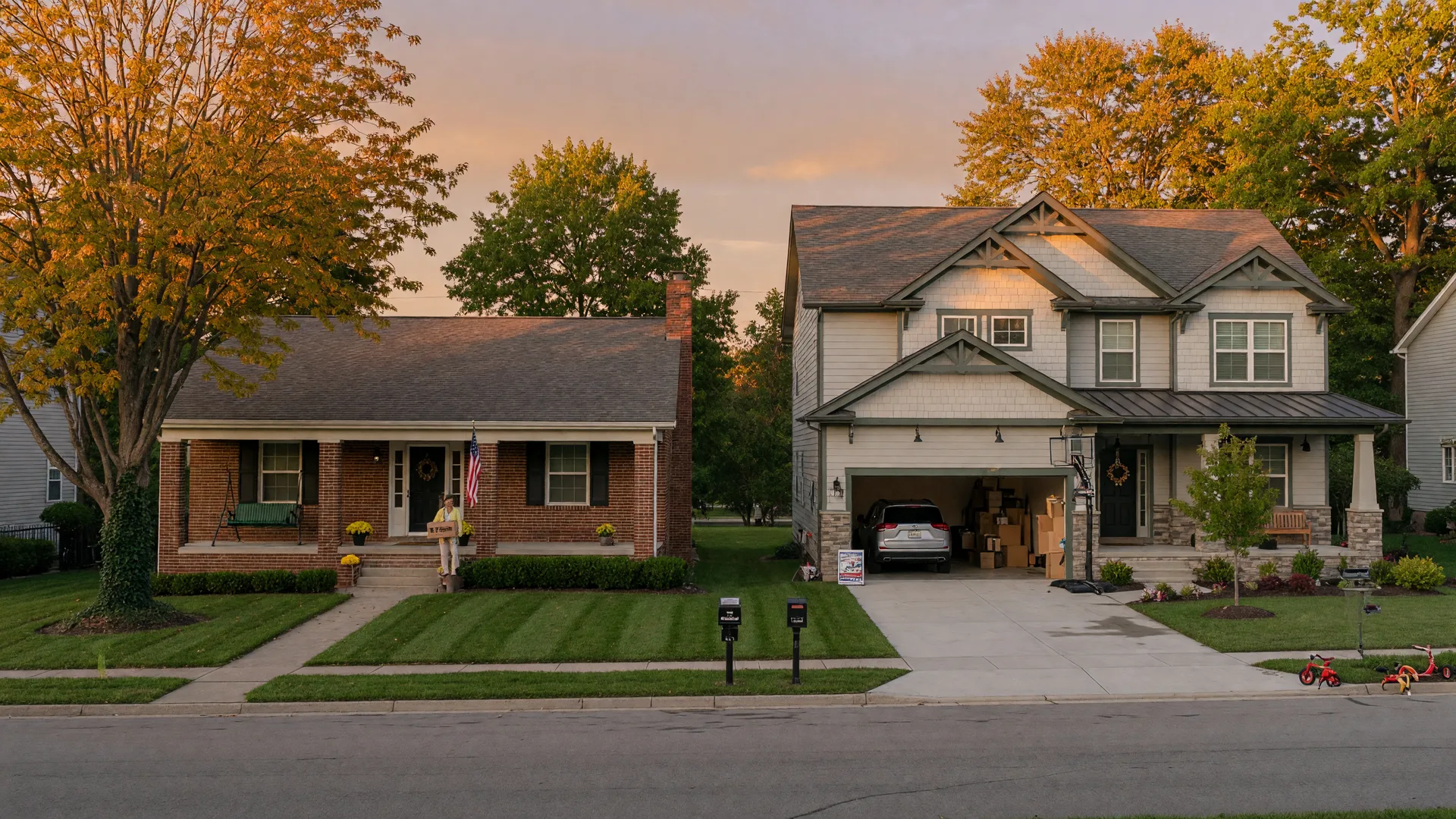 A welcoming Bowling Green street at golden hour with a brick ranch home and a newer craftsman home side by side