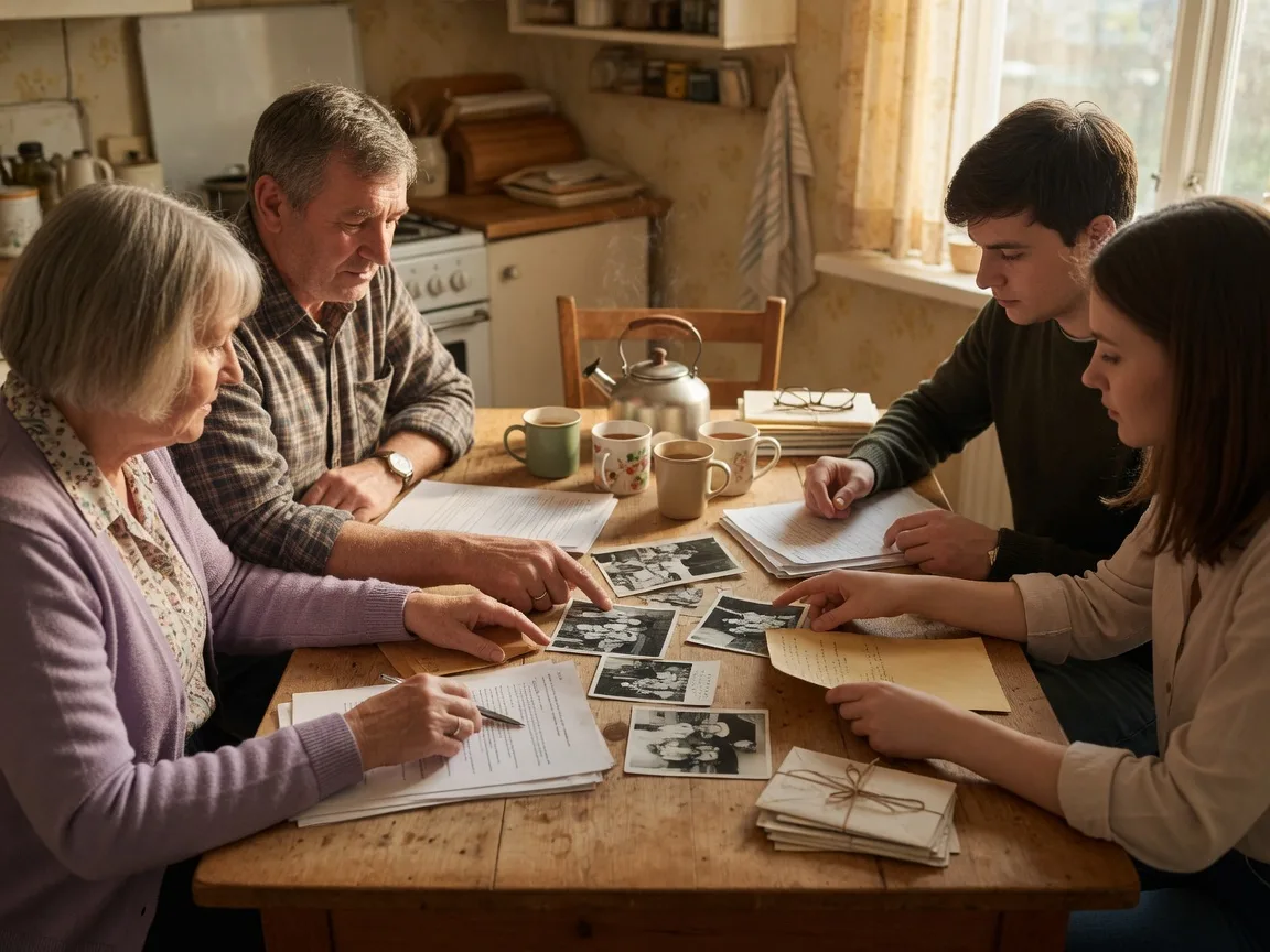 Adult children and aging parents reviewing plans together at a kitchen table