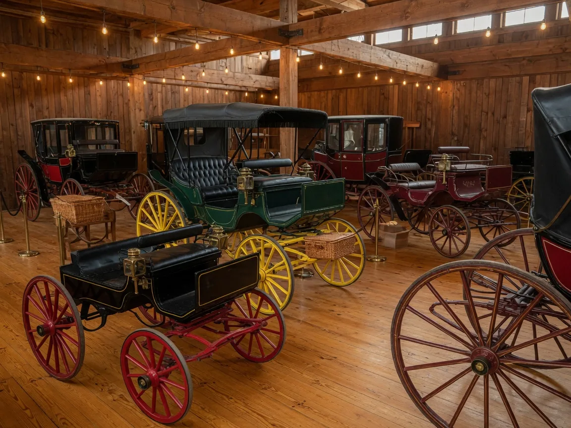 Interior of the Clifford S. Gerde Carriage Museum showing historic carriages from the 19th and 20th centuries on display