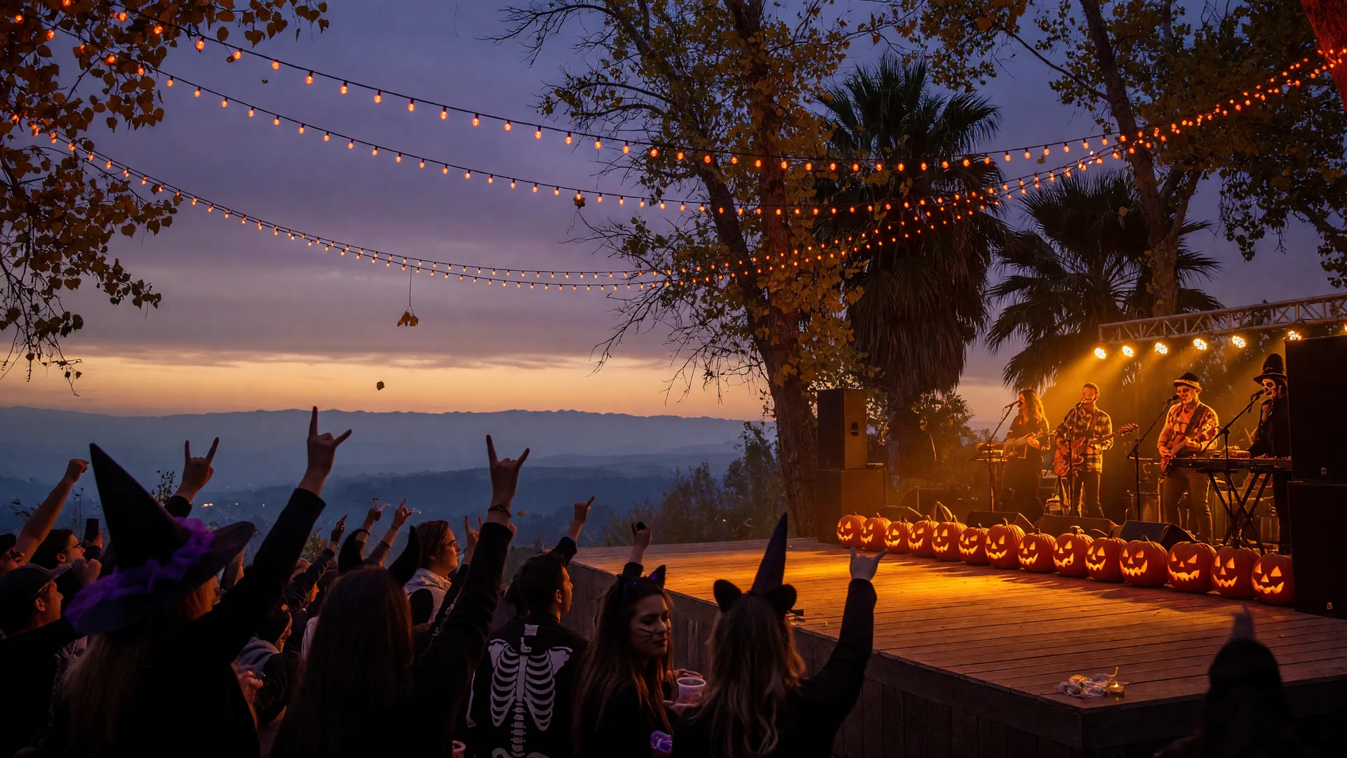 An outdoor Halloween-week live music concert at a Central Valley venue in late October, a wooden stage glowing with warm amber stage lights and jack-o'-lanterns along the front edge, orange string lights strung between cottonwood and palm trees, a silhouetted crowd with raised hands, and the Sierra Nevada foothills on the horizon at dusk