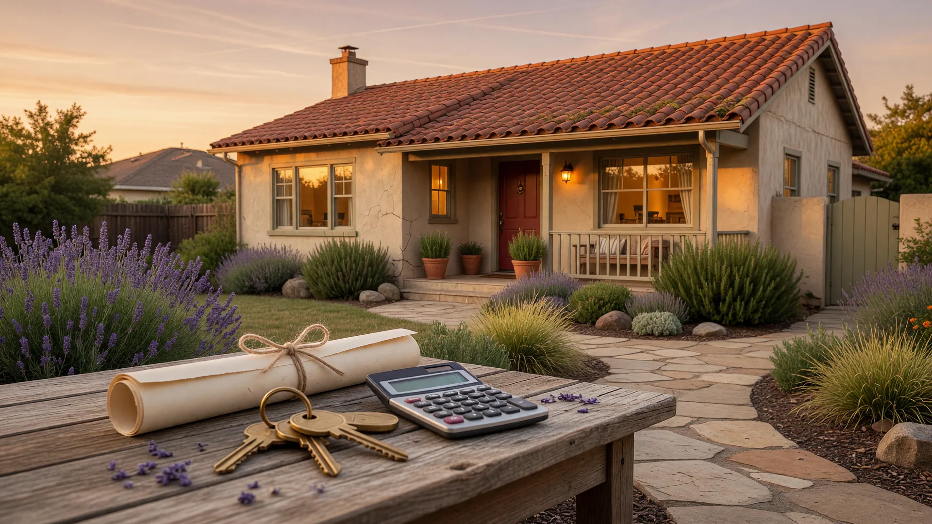 A single-story Northern California home at golden hour with house keys and a rolled document on a garden table in the foreground
