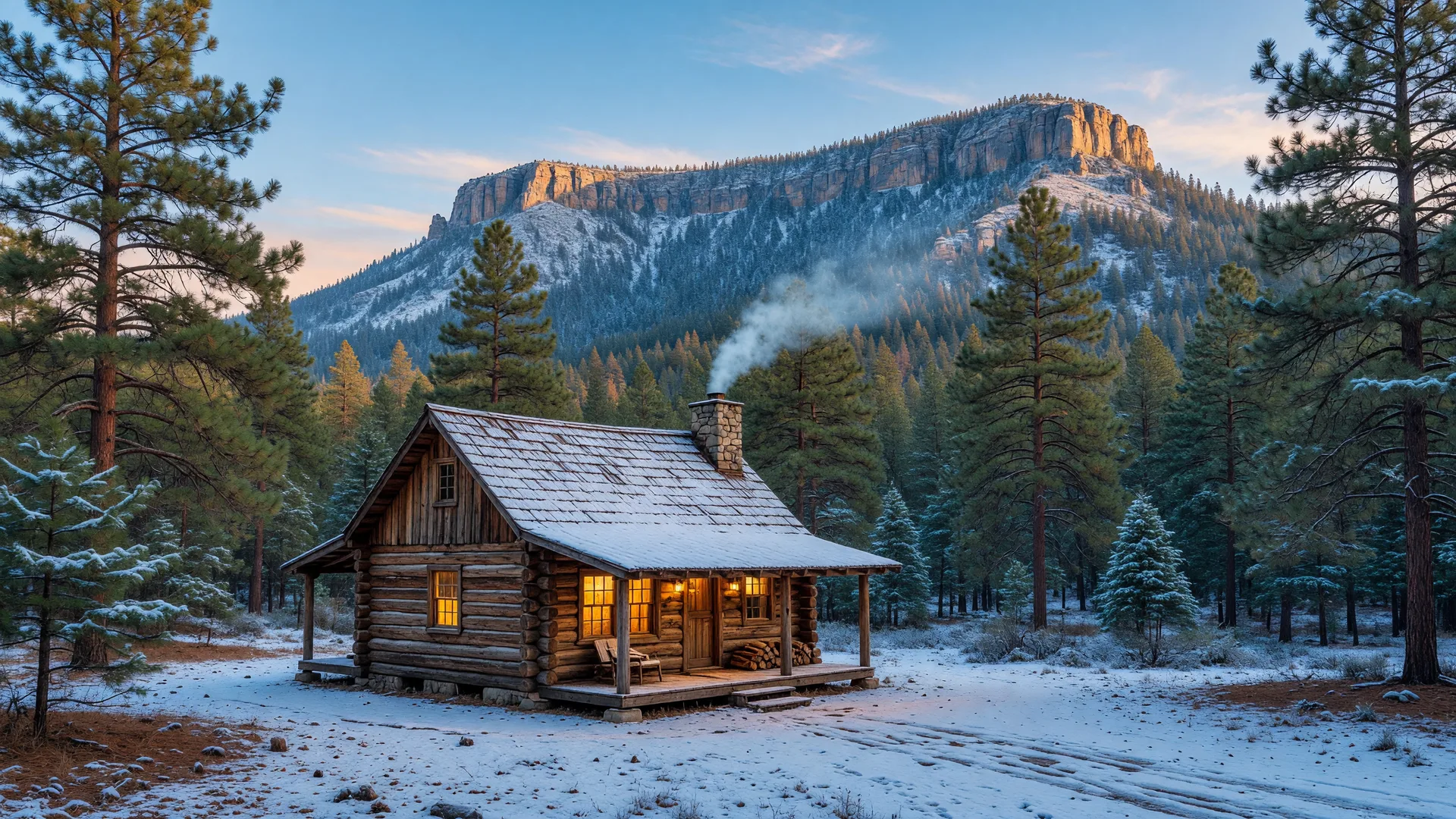 A snow-dusted log cabin in Rim Country at first light, with chimney smoke rising into a crisp blue morning sky and the Mogollon Rim in the background