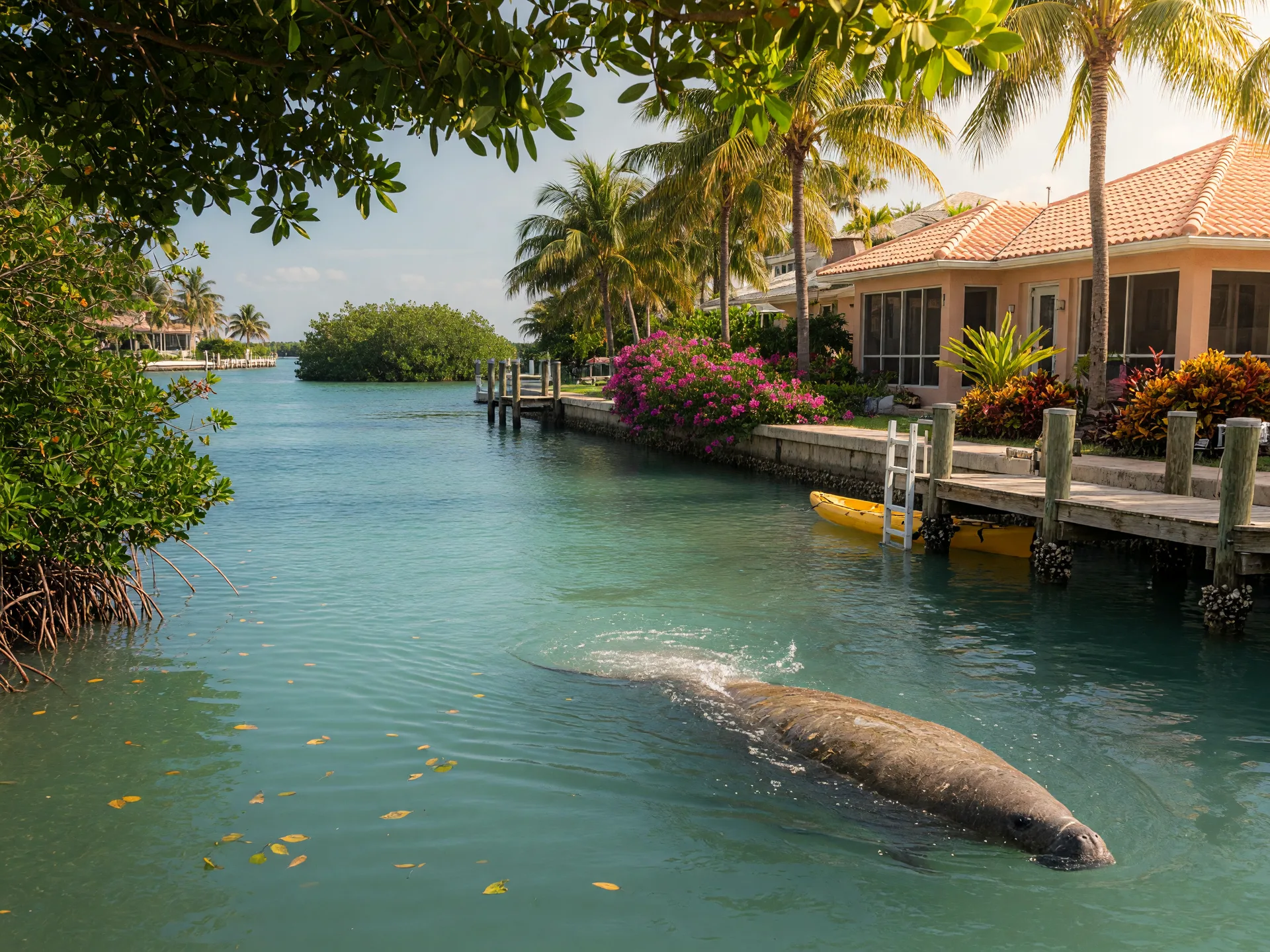 Manatee surfacing in a calm Florida Keys canal near a private wooden dock, with a luxury waterfront home with screened porch and tropical landscaping in the background, warm afternoon sunlight through mangrove trees