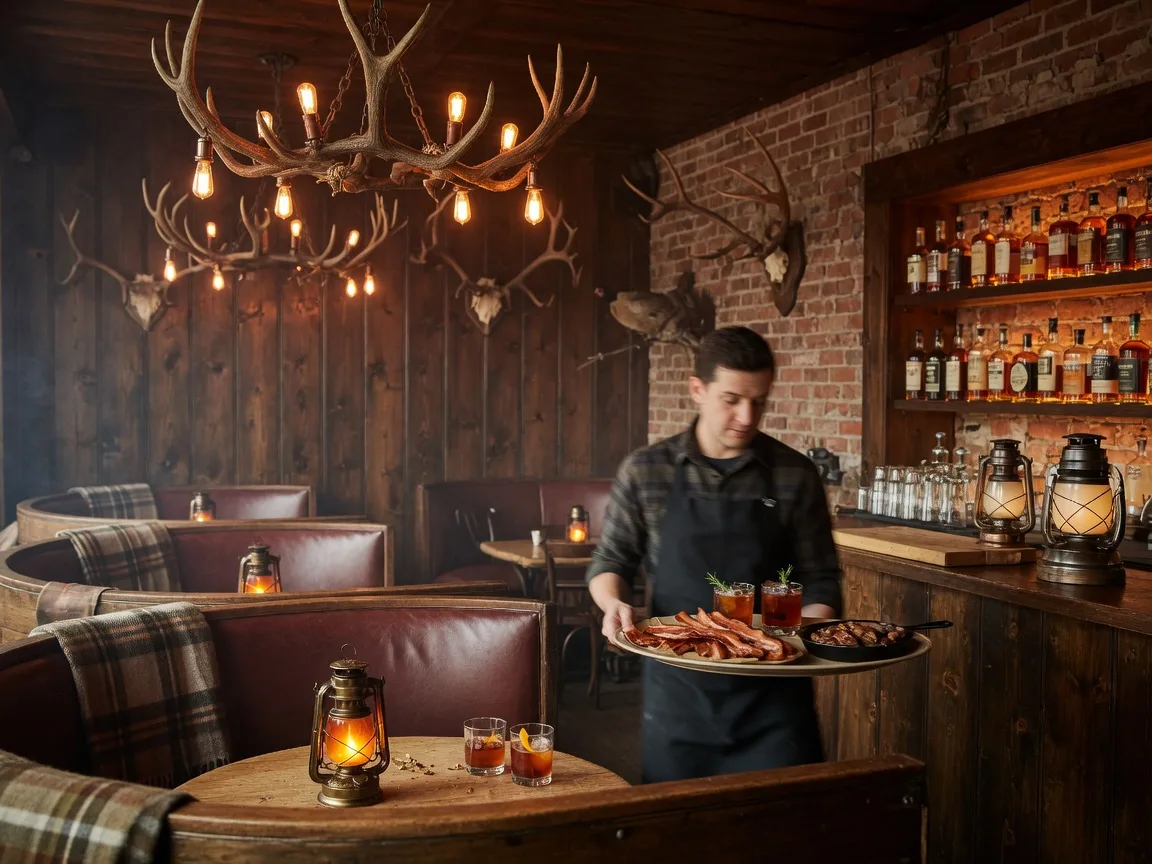 Rustic hunting lodge-inspired interior of The Hound in downtown Auburn, with antler chandeliers, dark wood, and warm amber lighting