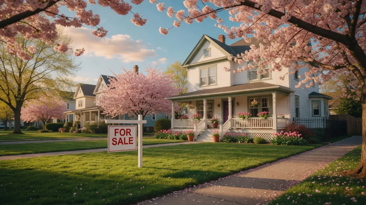 A Greater Victoria home in spring with cherry blossoms in bloom and a For Sale sign on the lawn