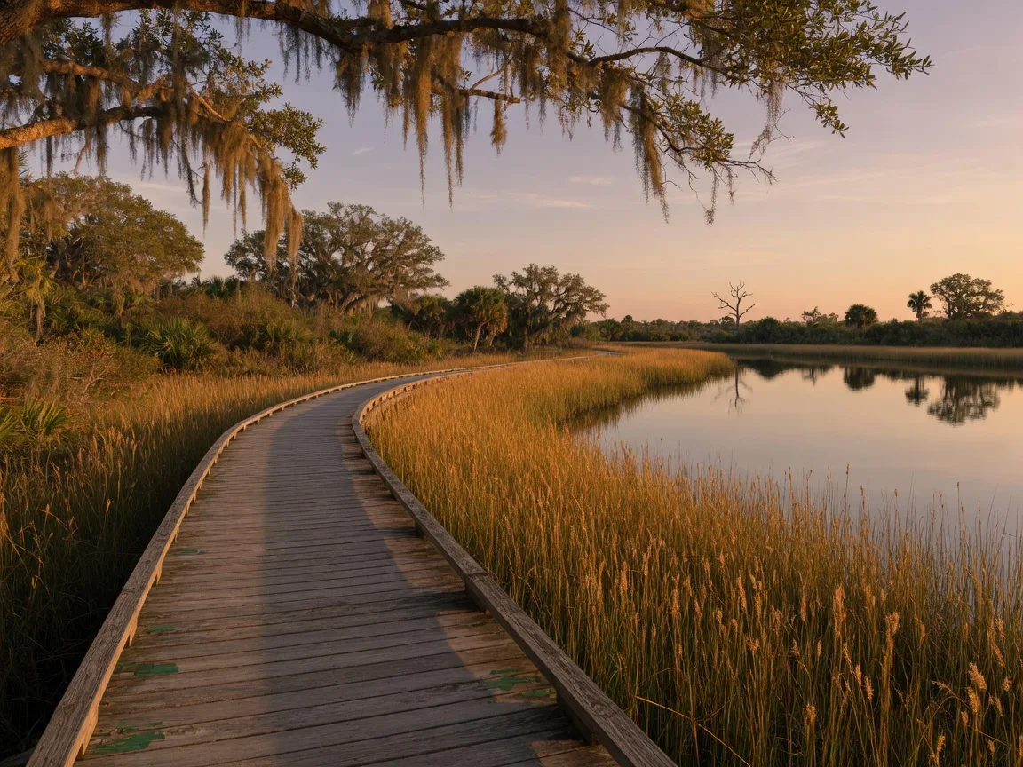 A wooden boardwalk curving through the salt marsh and coastal scrub at the GTM Research Reserve near Ponte Vedra Beach, Florida