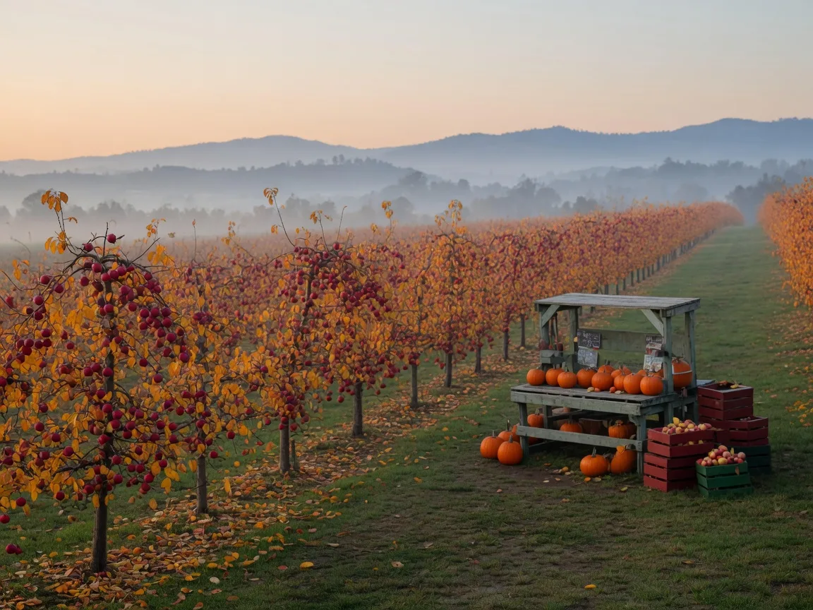 Rows of apple trees heavy with red fruit and a farm stand with pumpkins in Camino, California