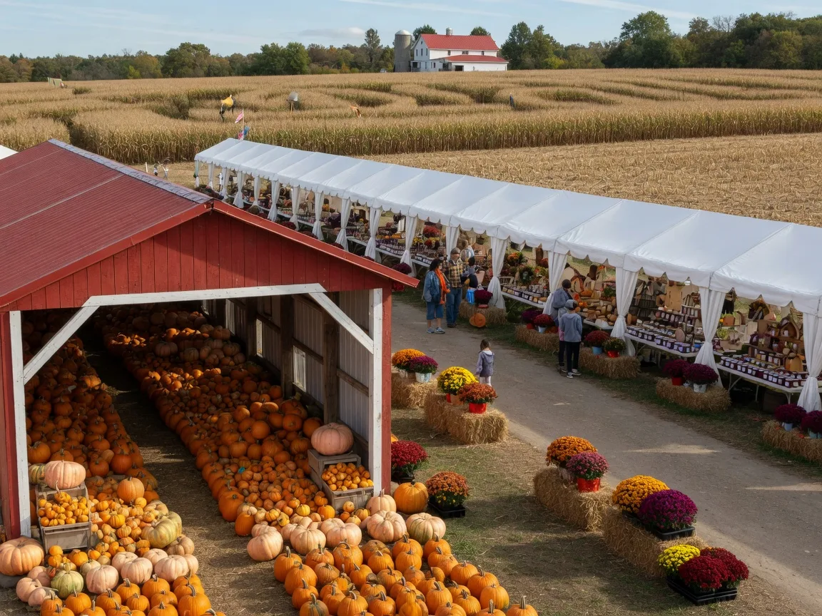 Rows of pumpkins in an open red barn at a farm market pumpkin festival, with craft vendor tents, hay bales, and mums in October light