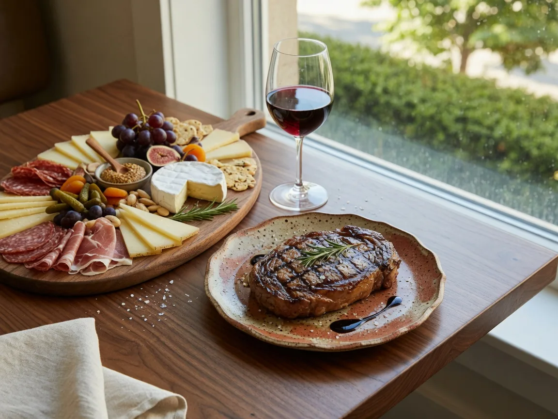 A chef's table spread at an upscale steakhouse with a charcuterie board, a glass of red wine, and a grilled steak near a sunny window