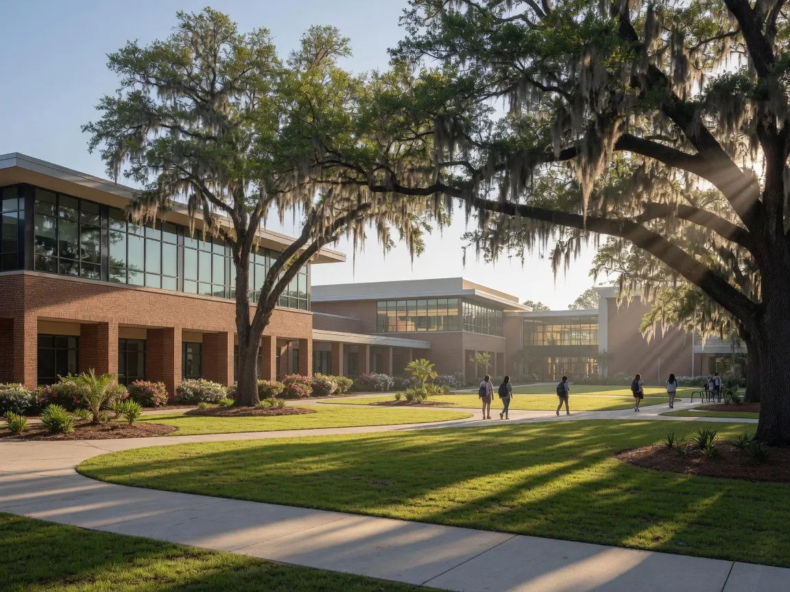 A modern Georgia school campus with landscaped courtyard and live oaks