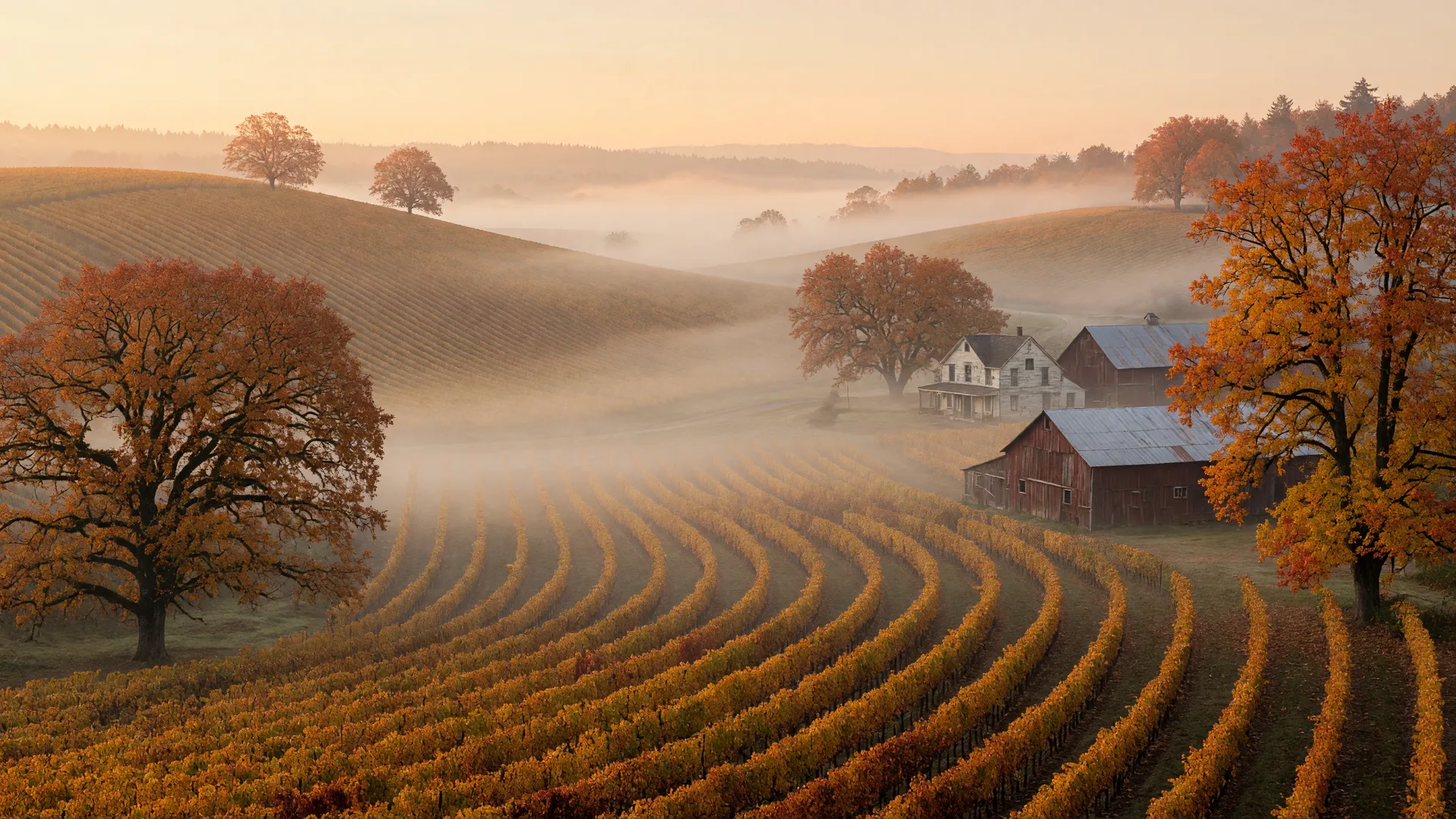 Golden Willamette Valley vineyard rows with misty rolling hills, a farmhouse, and a red barn