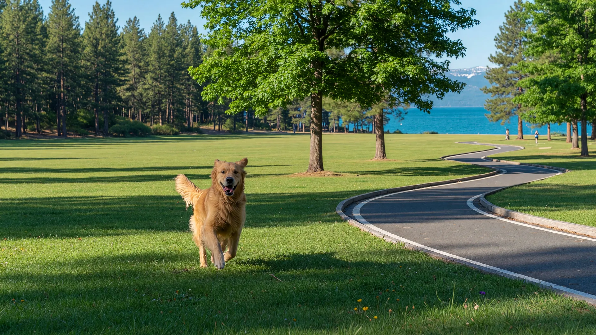 A golden retriever running through a sunlit park near Lake Tahoe, with pines and a glimpse of blue water in the distance.