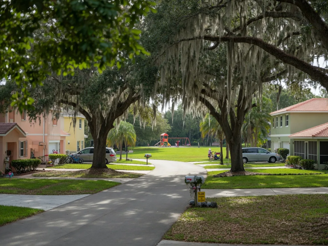 A quiet Palmetto Bay lane of family homes under giant live oaks draped in Spanish moss, with a community park in the distance