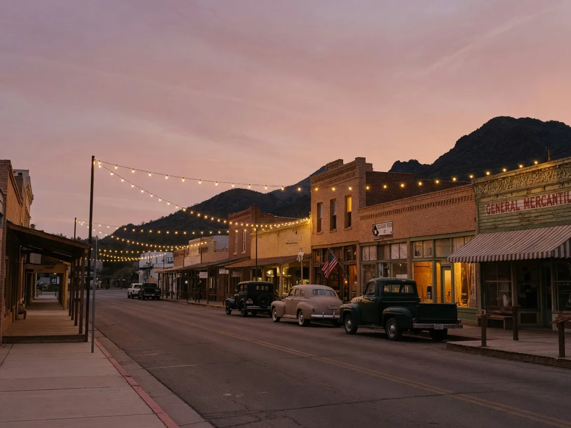 Historic western main street in Old Town Buckeye at dusk with string lights and classic cars