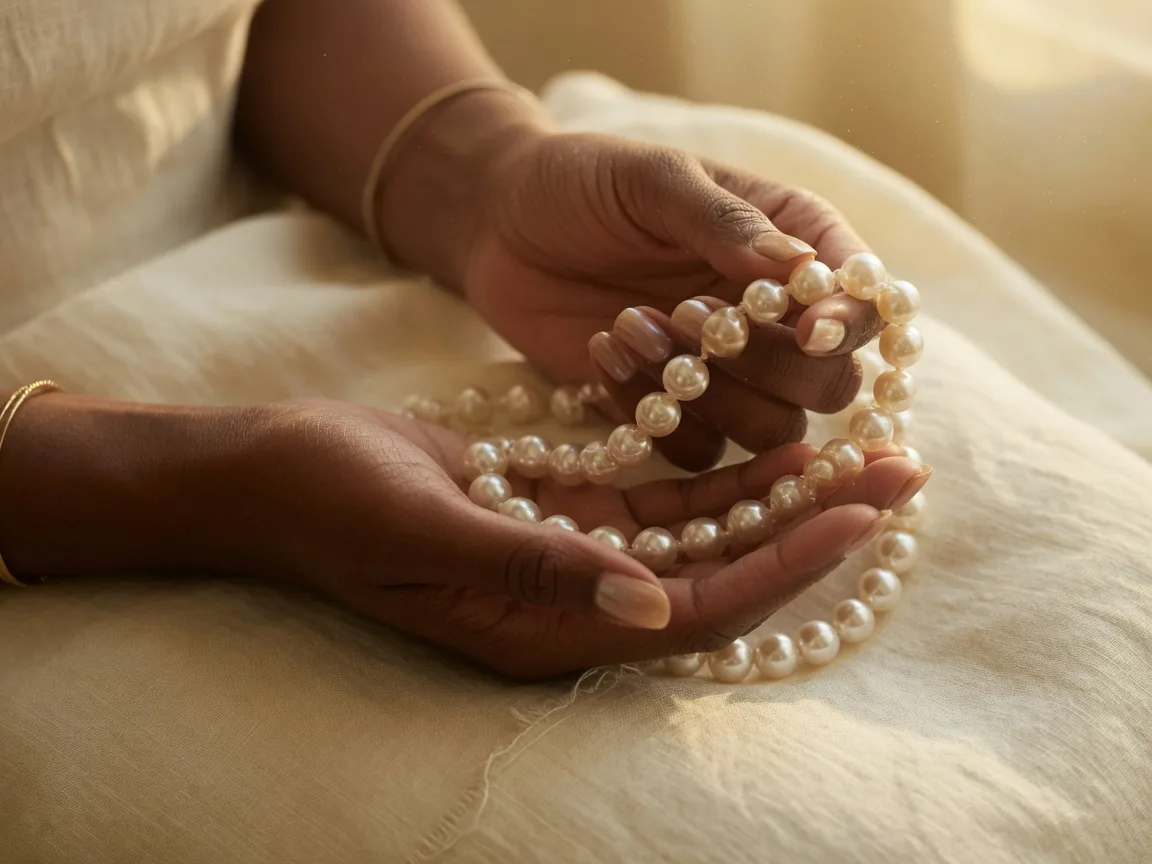 A Black woman's hands holding a single strand of pearls over warm ivory linen
