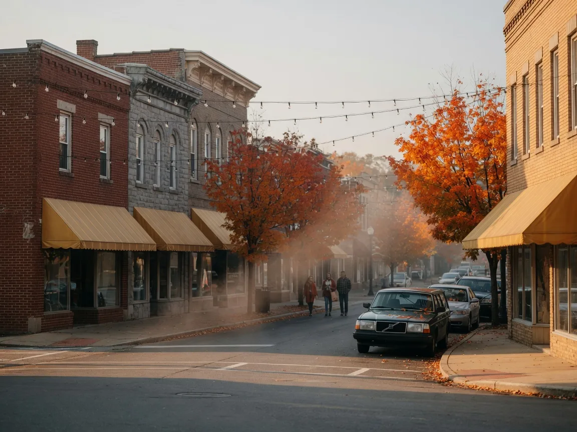 A small-town main street in southeastern Pennsylvania on an October morning with brick shopfronts, gold awnings, and maple trees in fall color