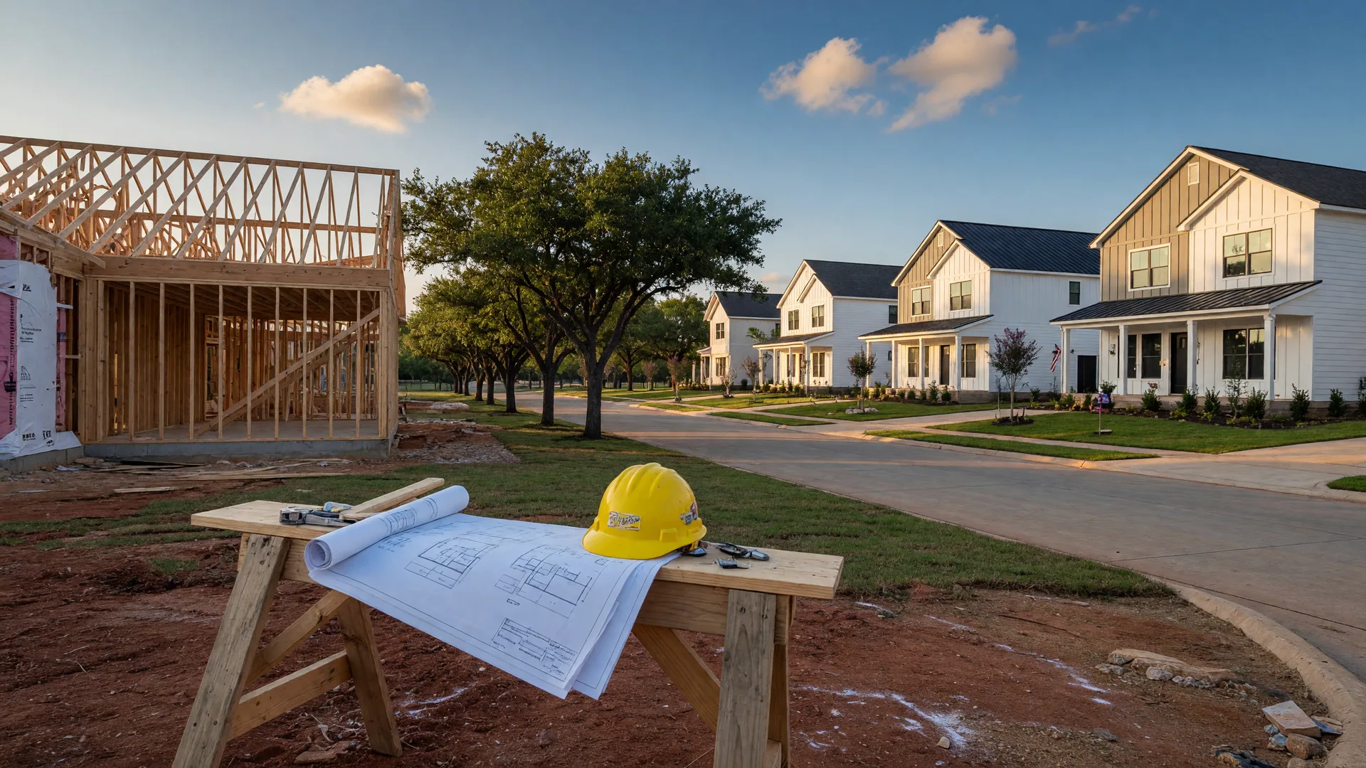A new construction homesite in a Northeast Texas master-planned community, with fresh wood framing and blueprints in the foreground and newly completed homes with mature oak trees beyond