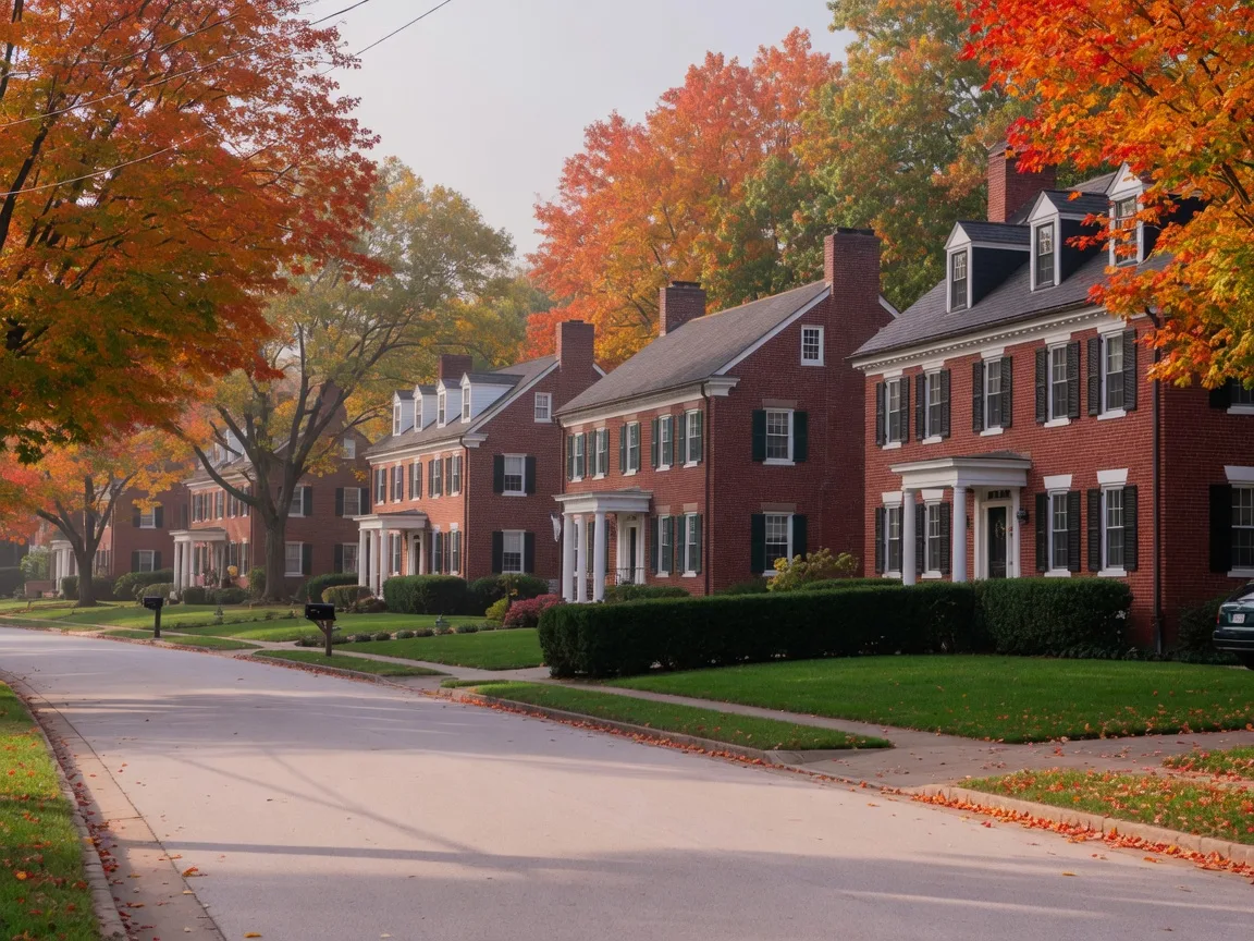 Red-brick colonial homes on a wide tree-lined street in the Bethesda, Maryland area in October, manicured lawns, mature maples and oaks in peak fall color under soft morning light
