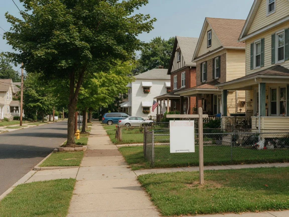 A quiet residential street in Bloomfield NJ with mature trees and single-family homes