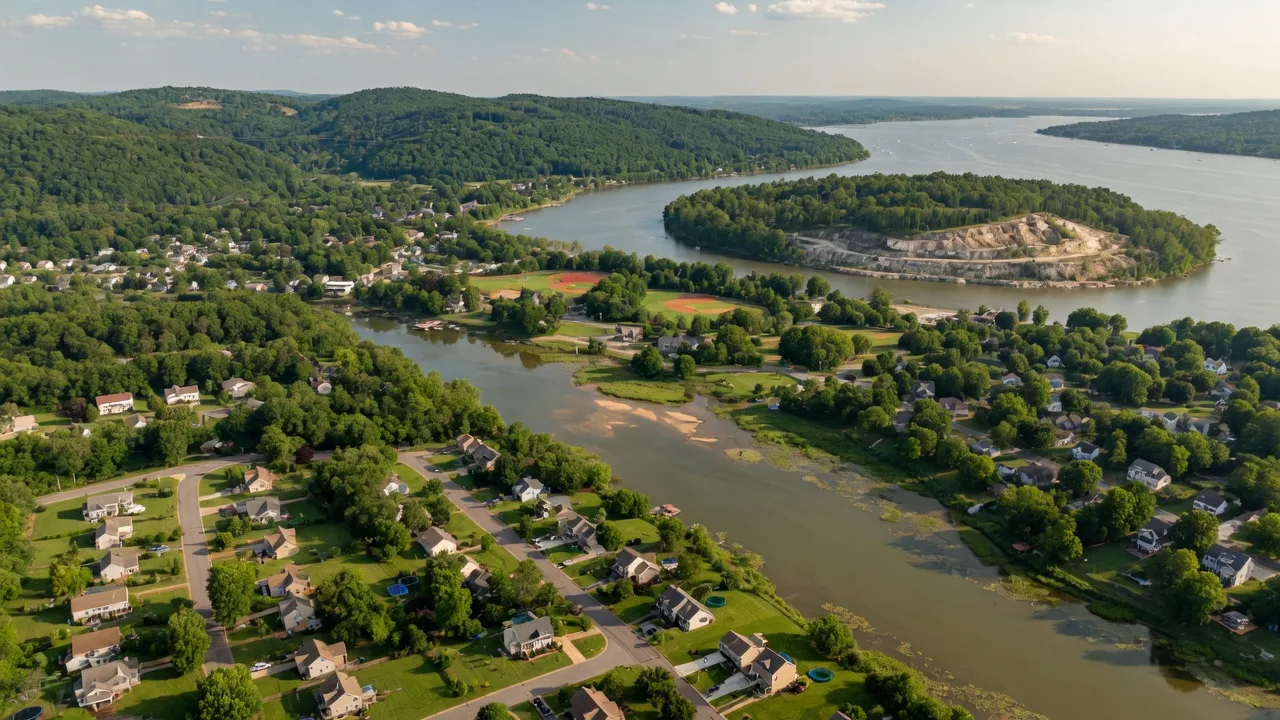 Aerial view of Stafford County Virginia — suburban communities, Aquia Creek, and Potomac River