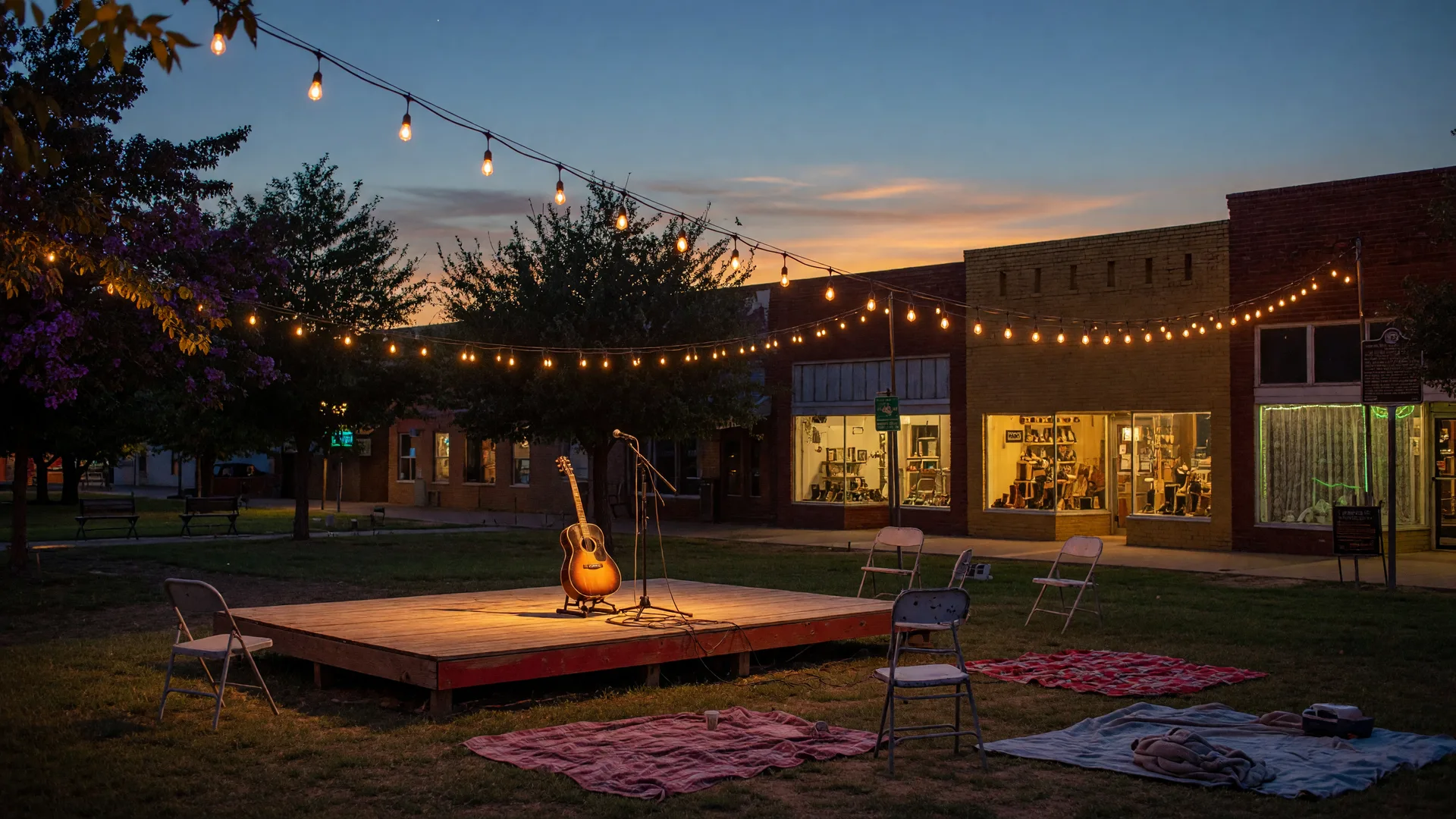 An outdoor concert stage set up in a small-town Oklahoma square at dusk, string lights over the stage, an acoustic guitar on a stand and a microphone at center, historic brick storefronts glowing behind the trees