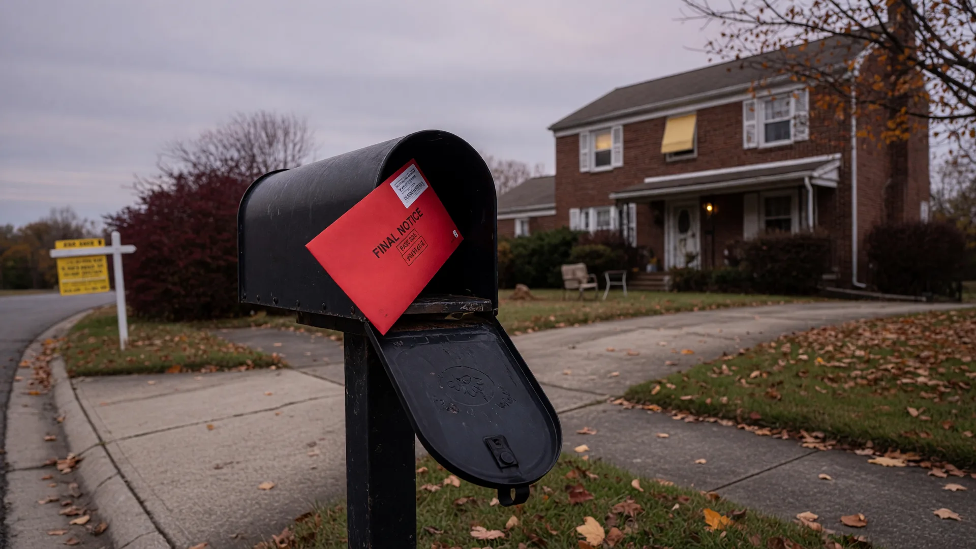 Residential black mailbox with a red past-due notice envelope, suburban home in background with moody overcast light