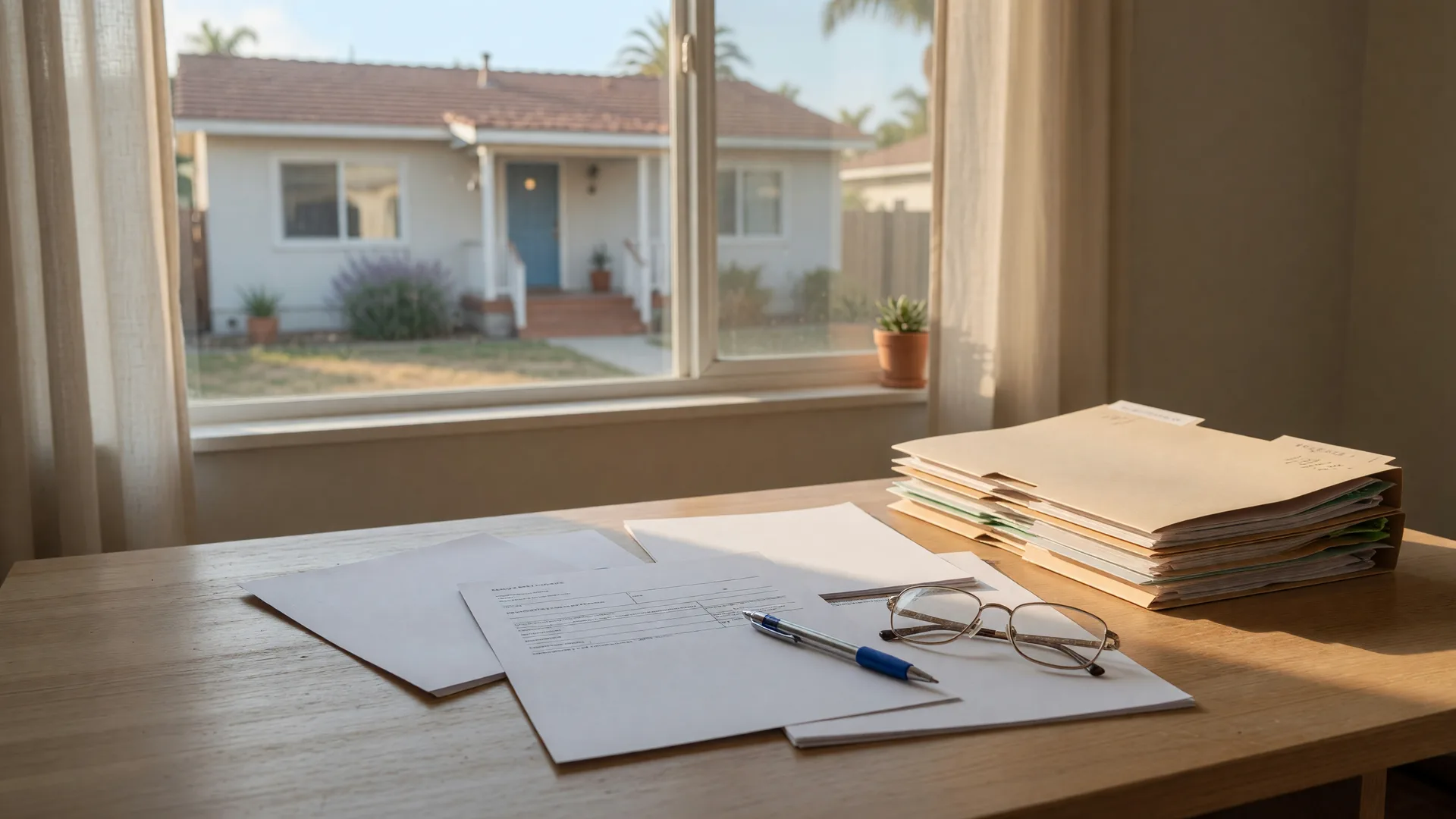 A homeowner's desk set up for filing property tax paperwork, the kind of documents a Proposition 19 base year value transfer claim requires
