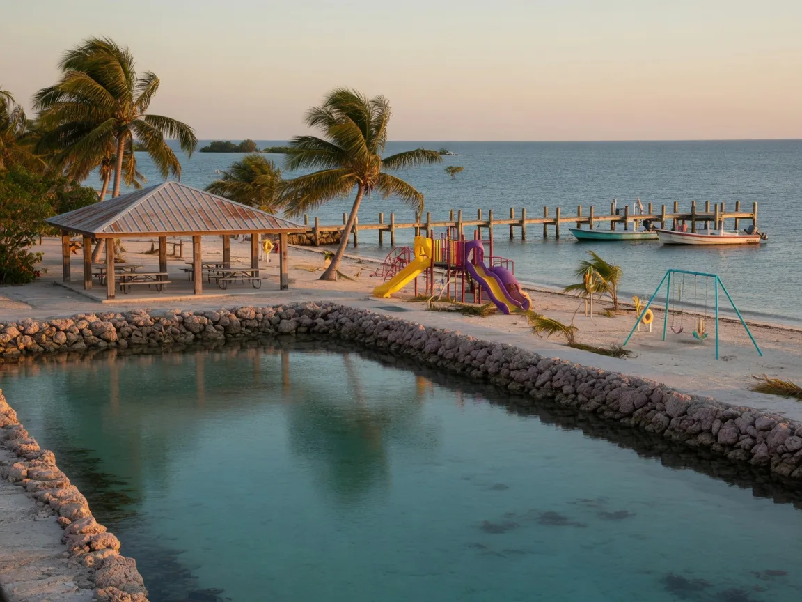 A calm protected swimming lagoon at a Florida Keys oceanfront park, a coral-rock barrier enclosing clear turquoise water with palm trees, a picnic pavilion, and a wooden pier with boats beyond