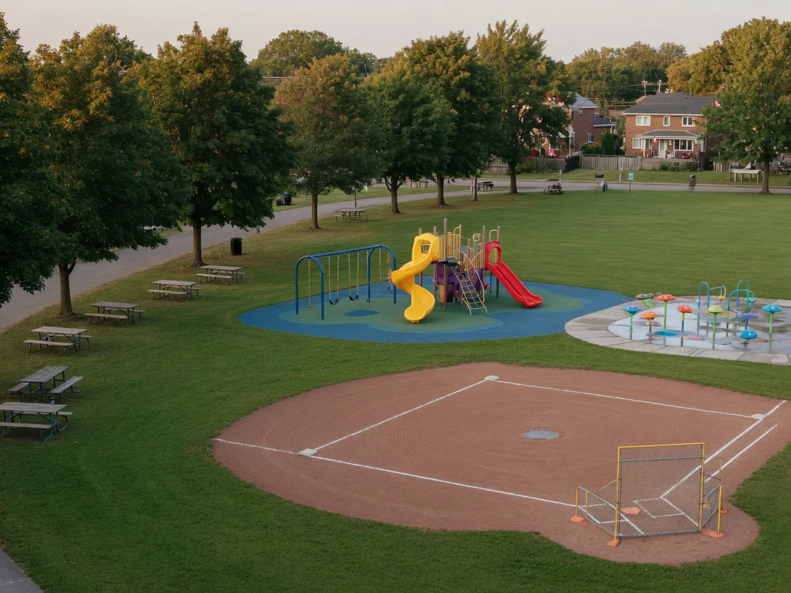 William McCulloch Park in Gilbert, Hamilton: baseball diamond, playground, and splash pad in warm summer light