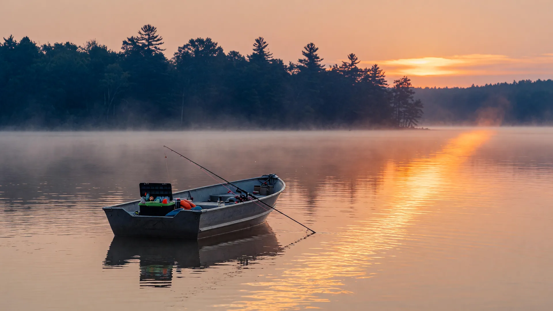 Fishing boat drifting on a calm, misty Minnesota lake at sunrise with forested shoreline
