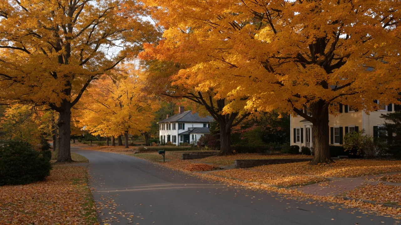 A tree-lined residential street in Blue Bell in full autumn color